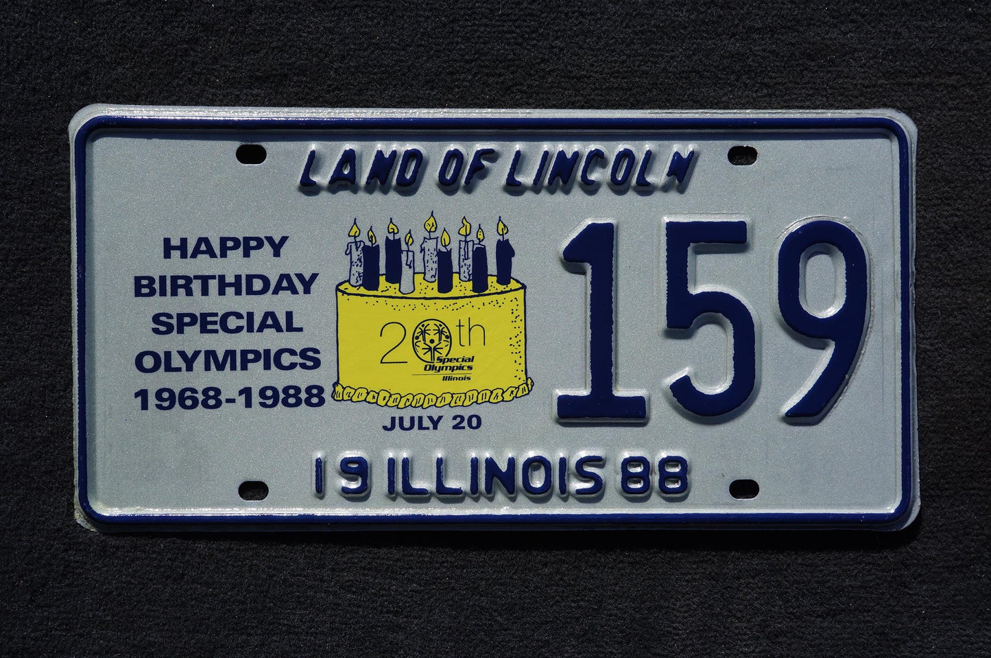 1988 Illinois 20th Special Olympics Happy Birthday License Plate # 159