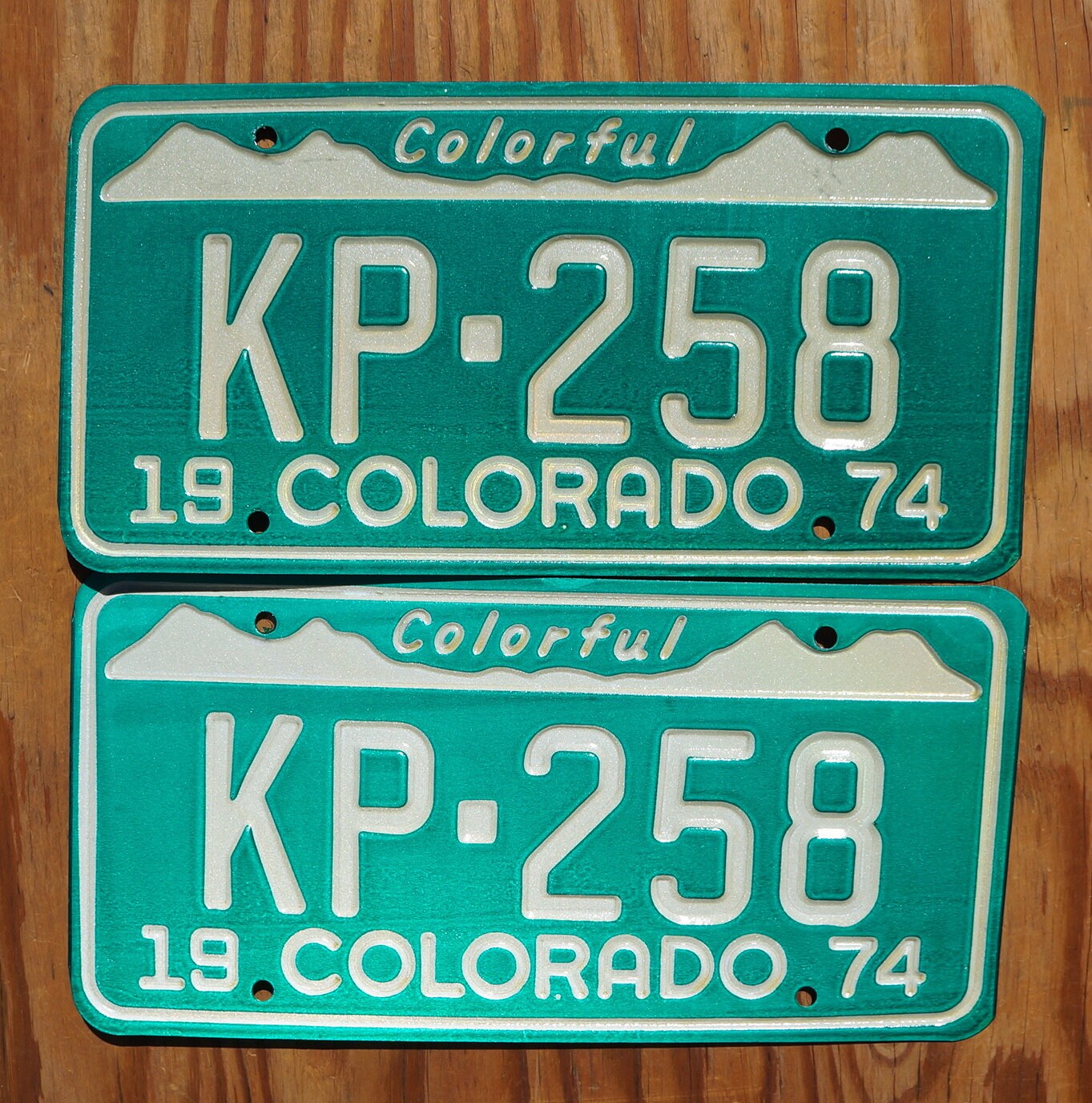 1974 Colorado License Plate PAIR: Green Snow Mountains