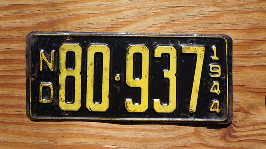 1944 North Dakota Black Vintage License Plate # 80 - 937