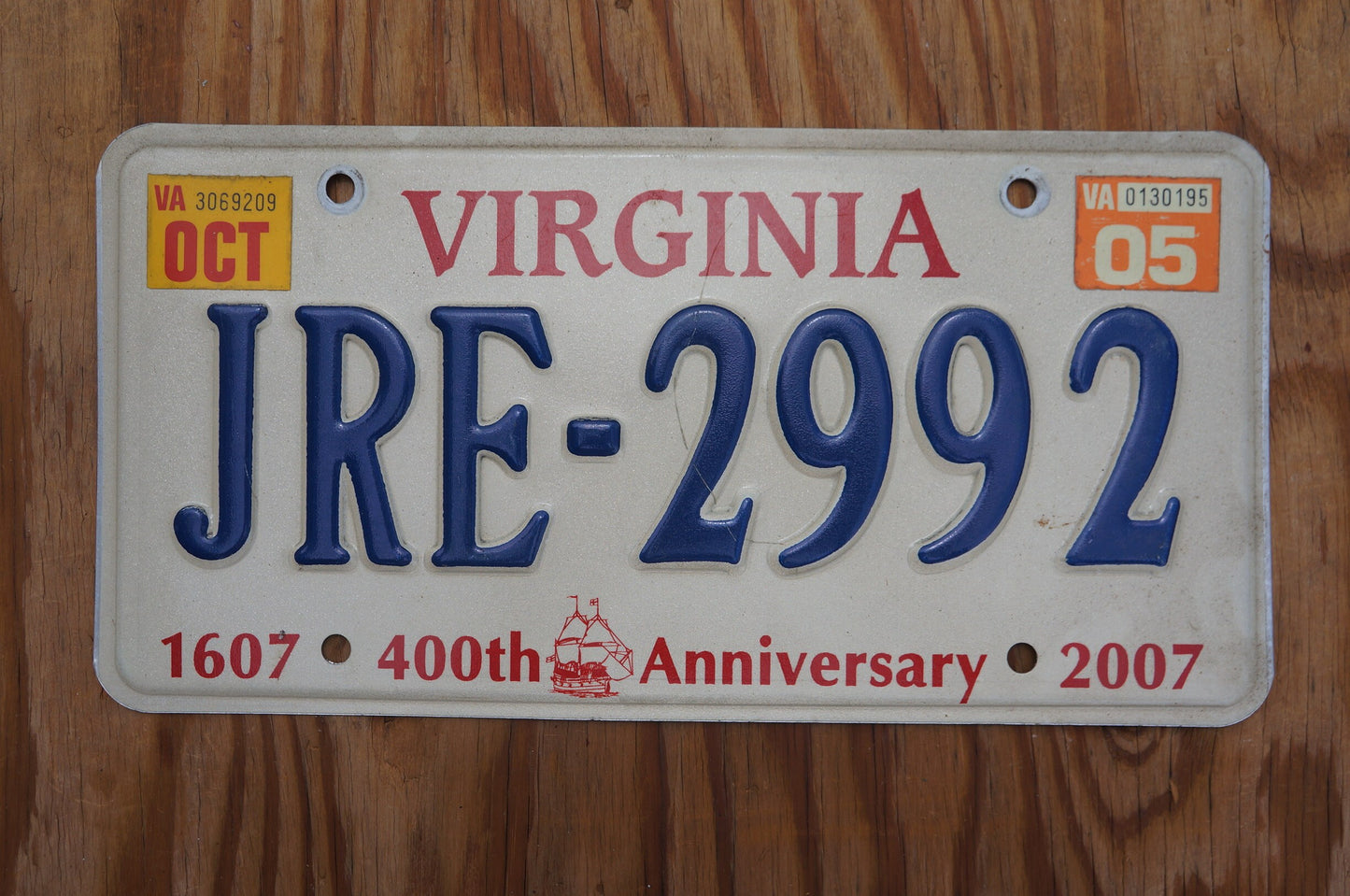 2005 Virginia 400th Anniversary License Plate # JRE - 2992
