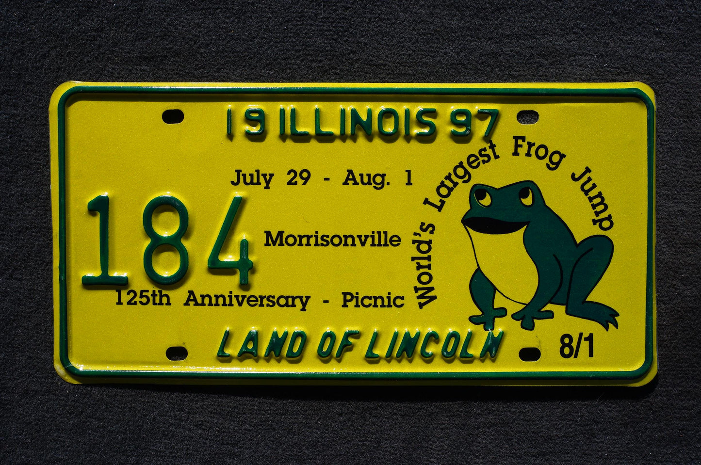 1997 Illinois Morrisonville World's largest frog jump 125th Anniversary Picnic License Plate # 184