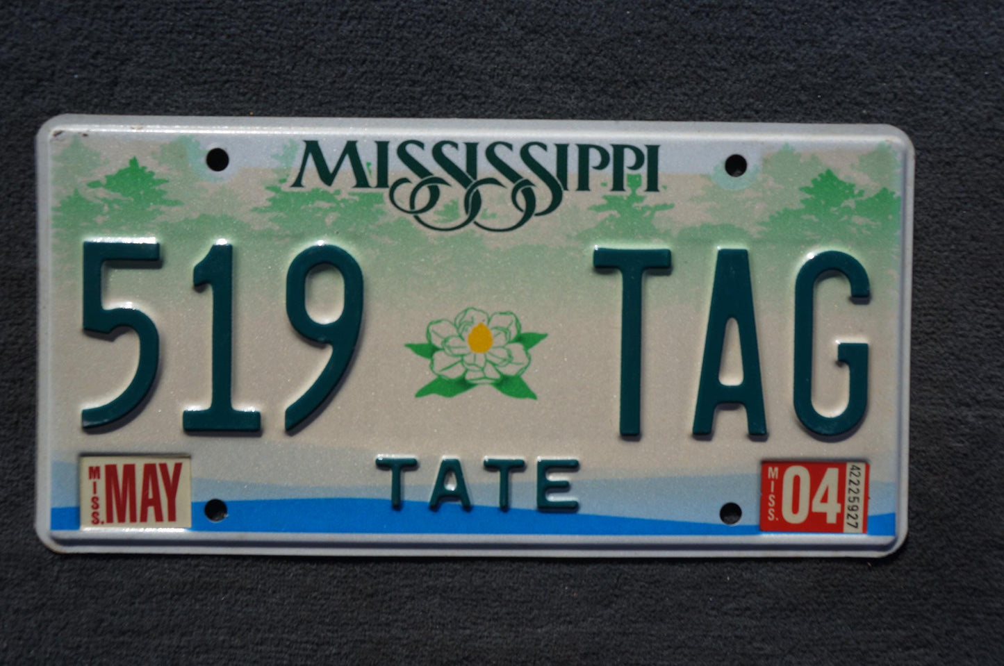 2004 Mississippi Embossed Green White Magnolia Flower License Plate # 519 TAG