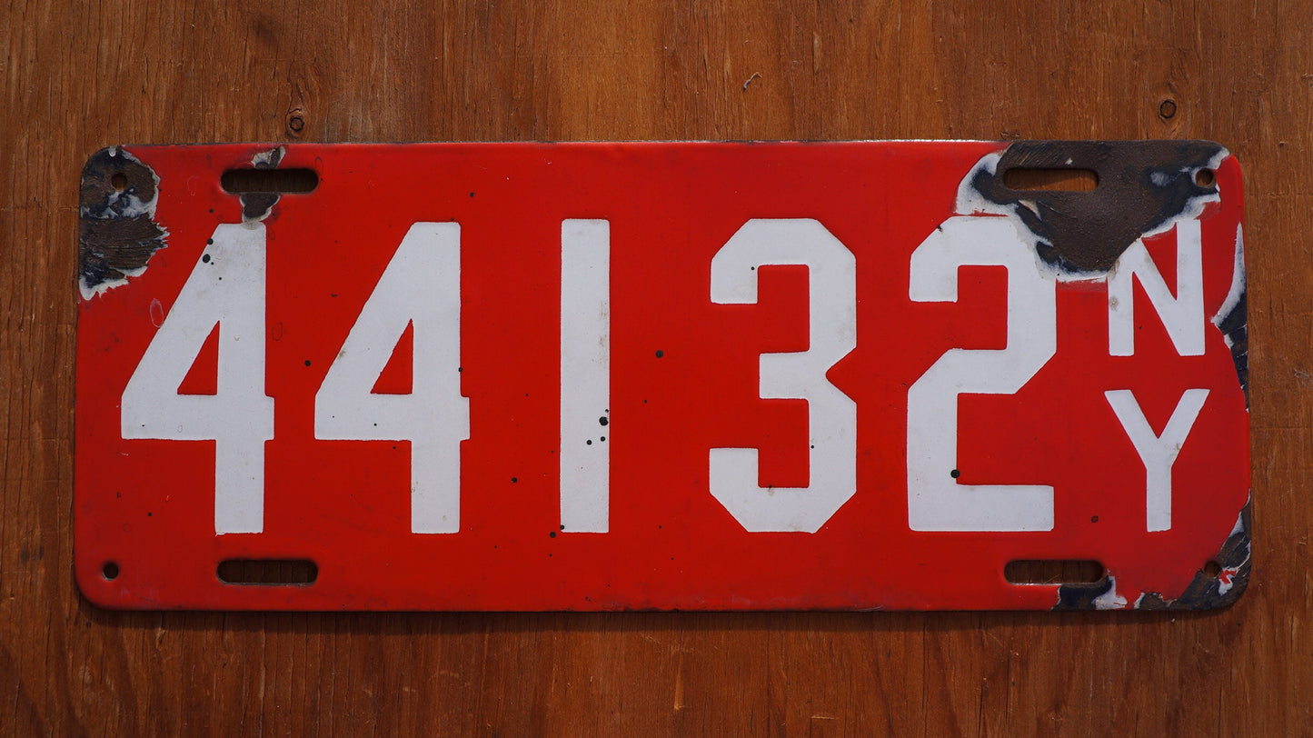 1912 NEW YORK Porcelain Red License Plate # 44132 Orignial