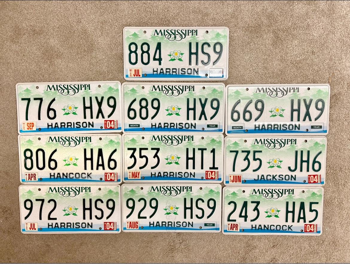 Mississippi Magnolia License Plates - Lot of 10 Embossed Tags