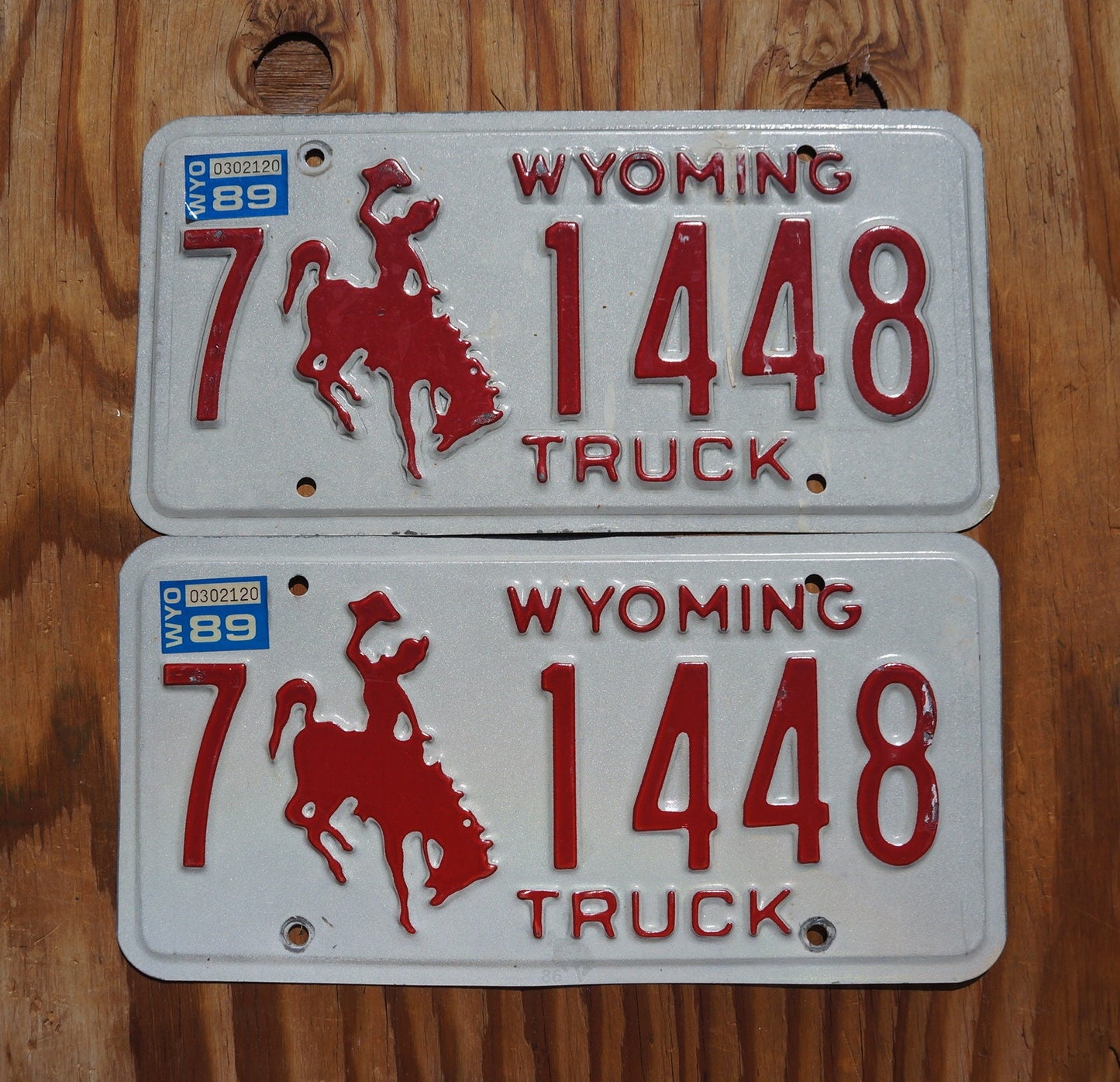 1989 Wyoming TRUCK Cowboy Horse Red License Plate Set / Pair # 1448