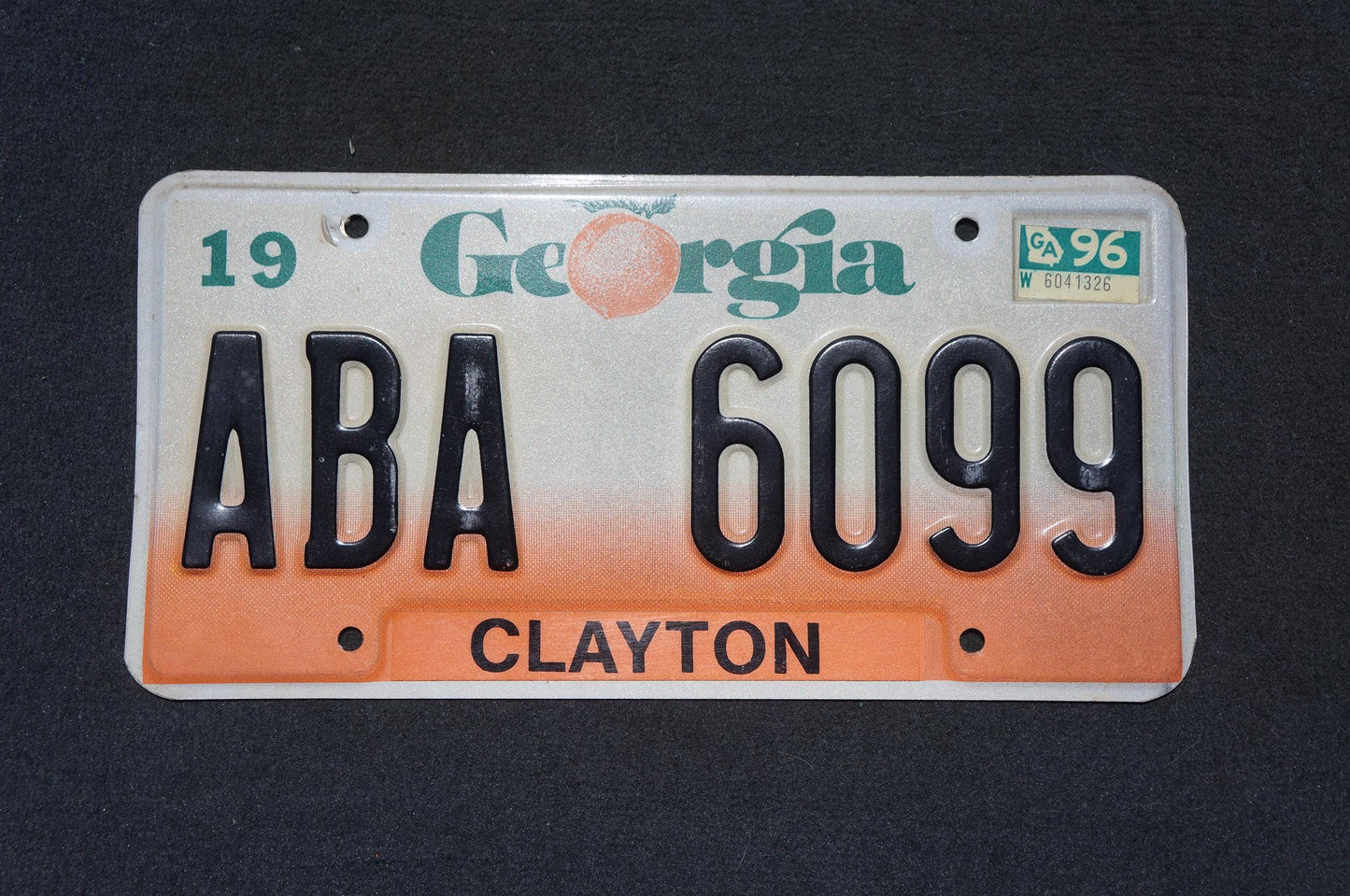 1996 Georgia Peach License Plate CLAYTON County # ABA 6099