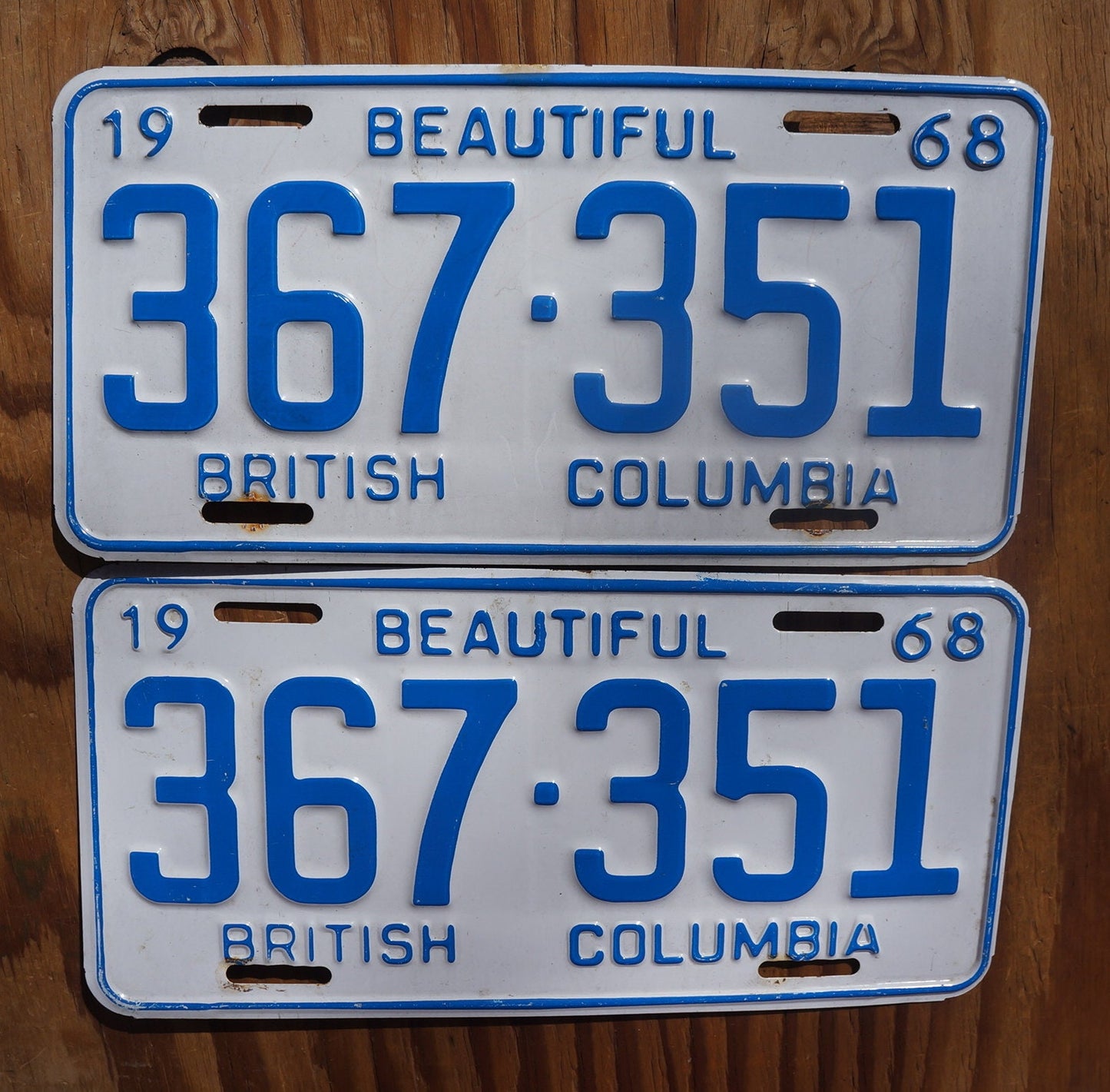 1968 British Columbia License Plate PAIR: Vintage Canada Tag Set