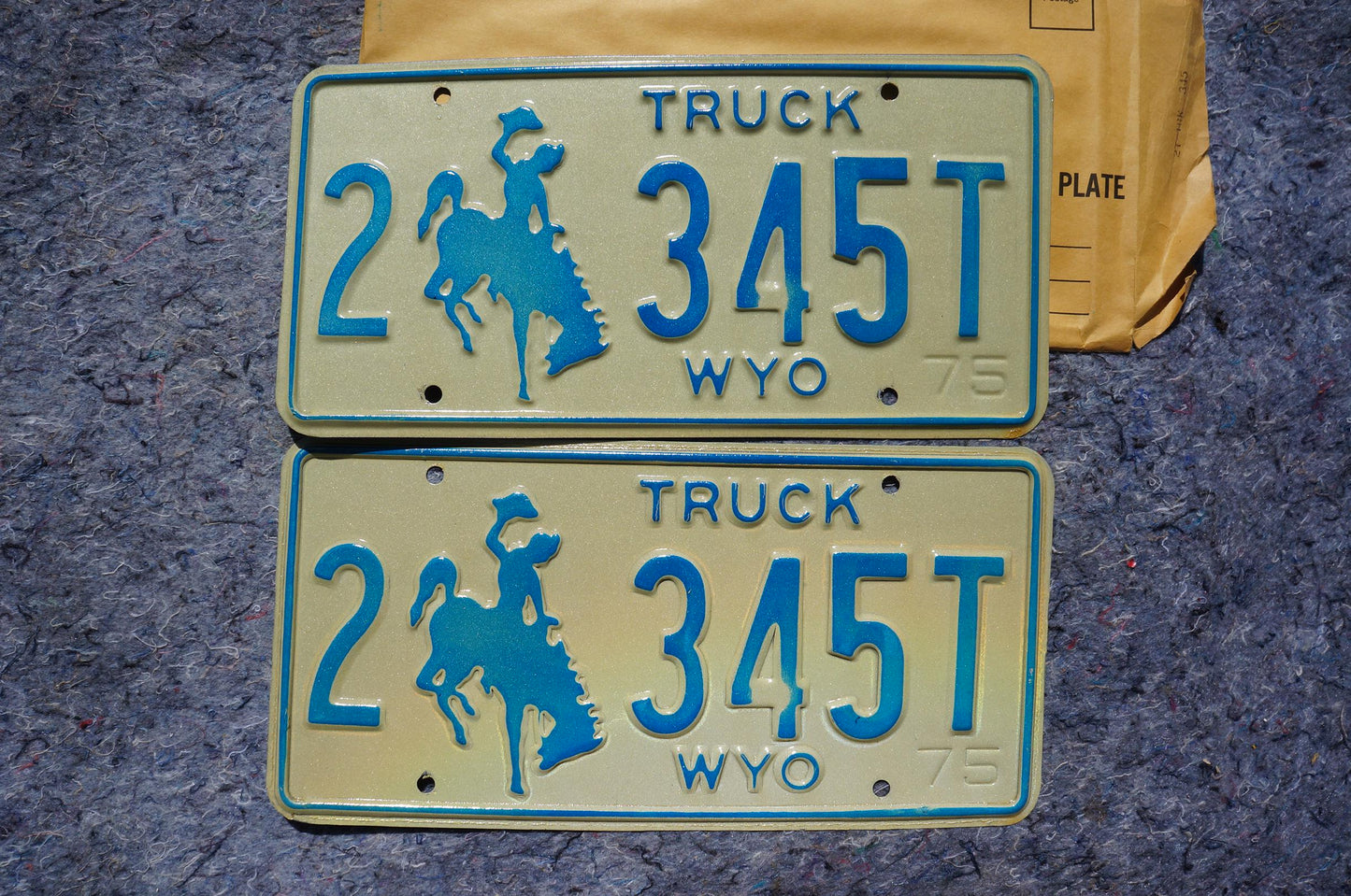 1975 Wyoming Truck Cowboy Horse Blue License Plate PAIR / SET # 2 - 345 T