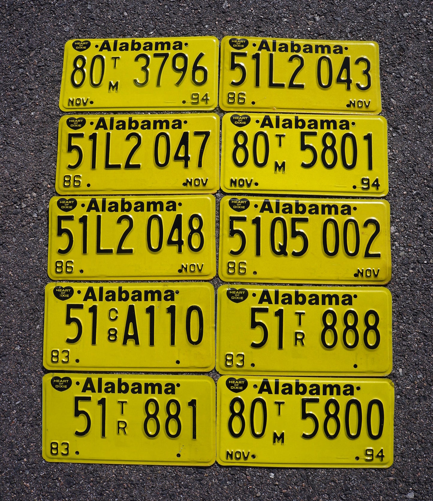 BULK ALABAMA LICENSE PLATES - LOT OF 10 - YELLOW Vintage License Plate Tags