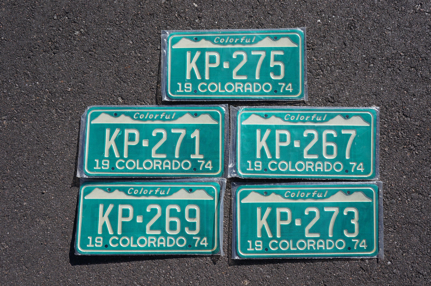5 PAIRS - LOT OF 10: 1974 Colorado License Plate Pair Green Snow Mountain Set