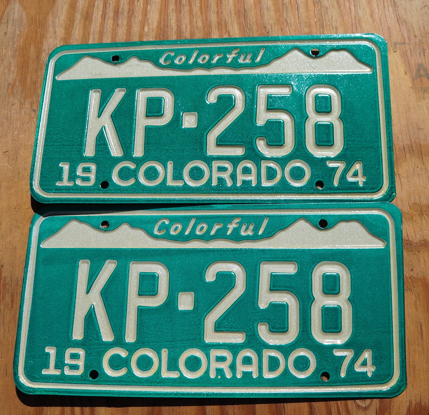 1974 Colorado License Plate PAIR: Green Snow Mountains