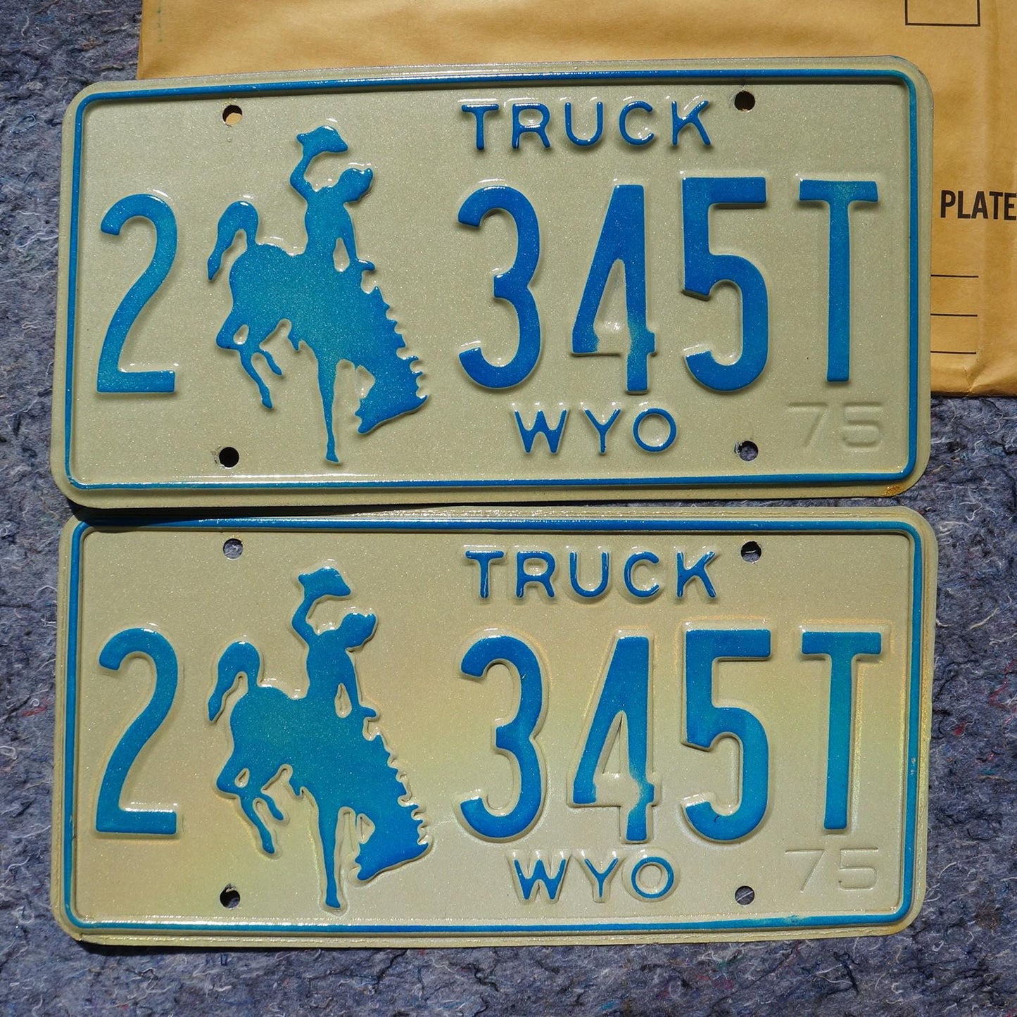 1975 Wyoming Truck Cowboy Horse Blue License Plate PAIR / SET # 2 - 345 T