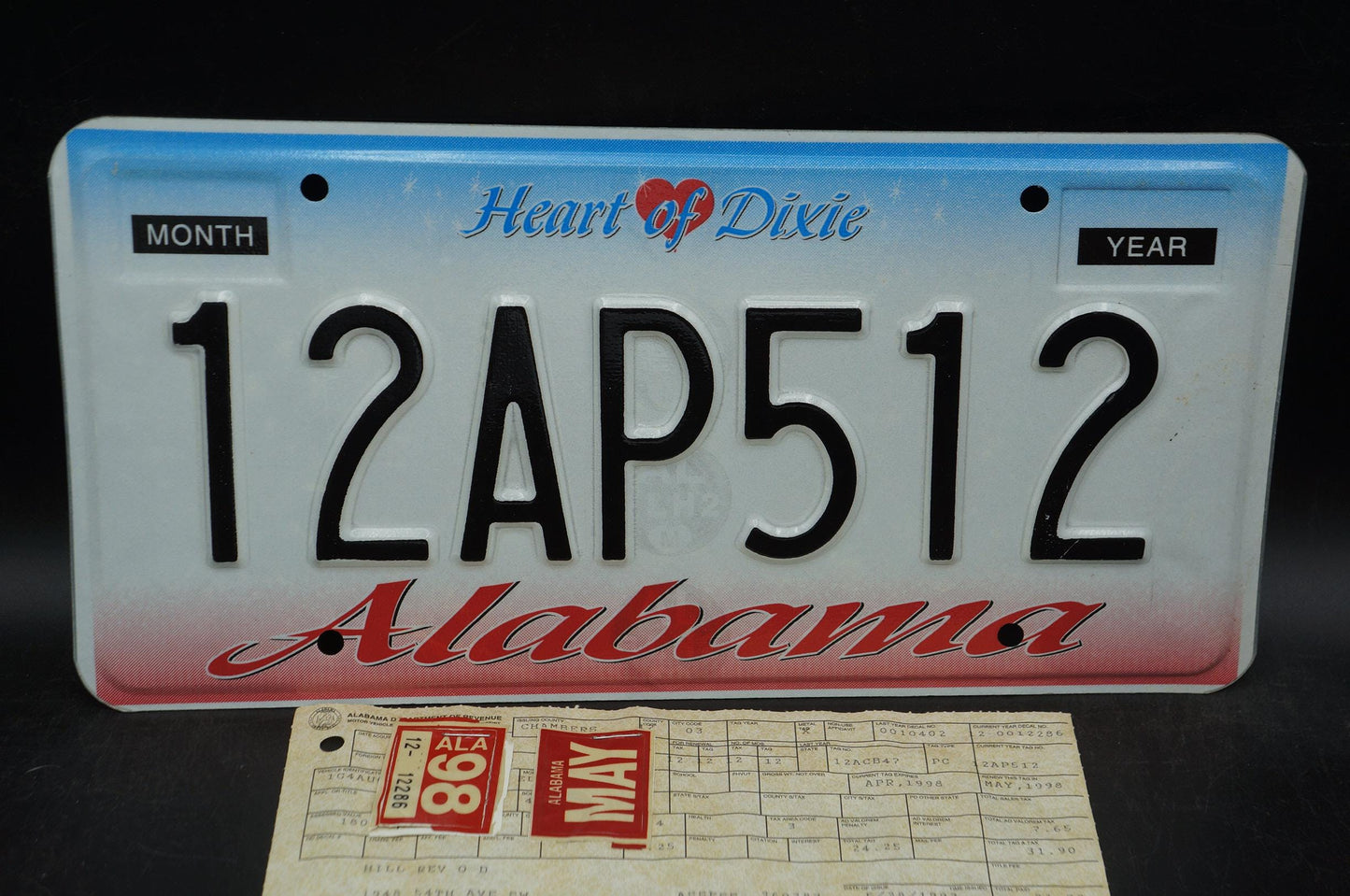 1998 Alabama HEART OF DIXIE License Plate with Original Registration