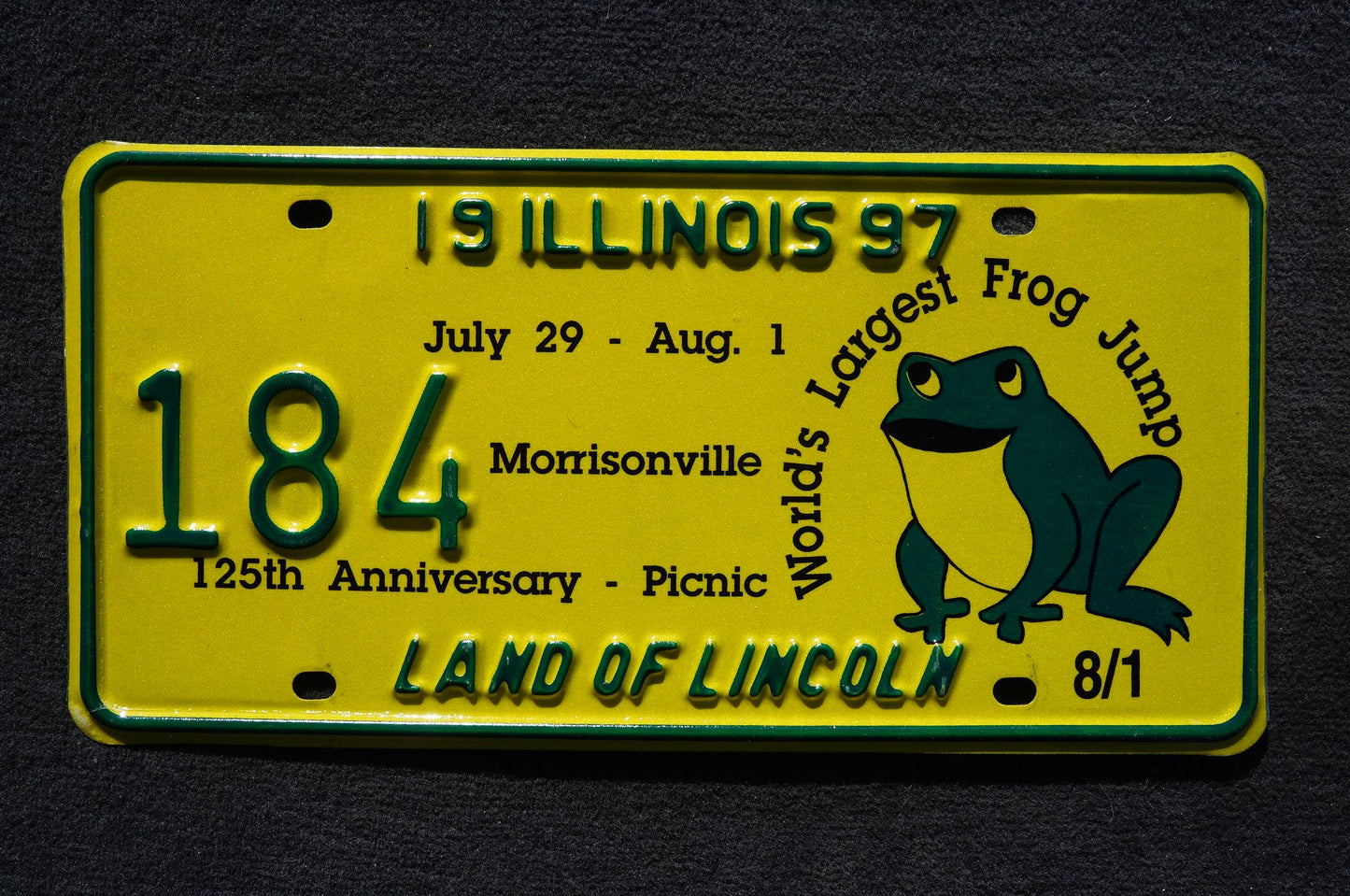1997 Illinois Morrisonville World's largest frog jump 125th Anniversary Picnic License Plate # 184