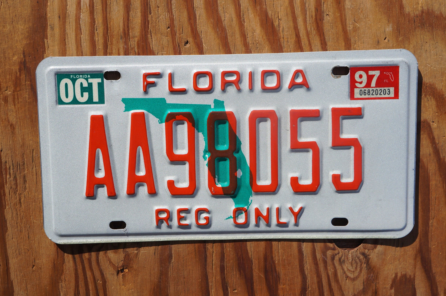 1997 Florida State Shape Vintage License Plate - REG ONLY # AA 98055