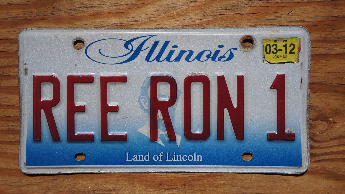 2012 Illinois Vanity REE RON 1 Blue White Lincoln License Plate