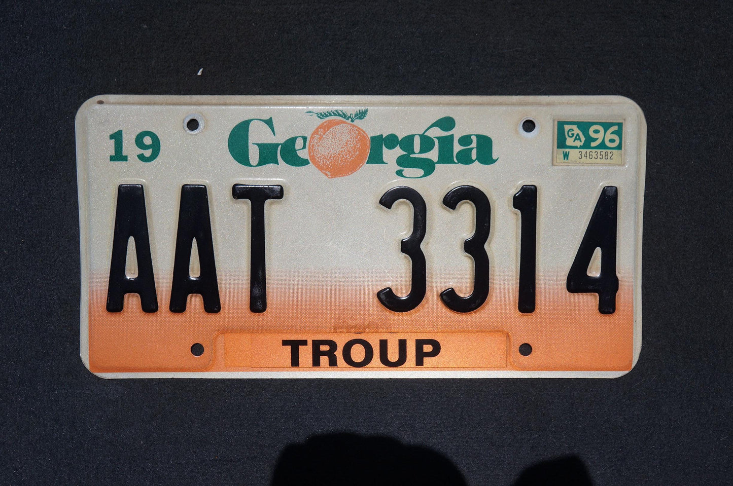1996 Georgia Peach License Plate TROUP County # AAT 3314