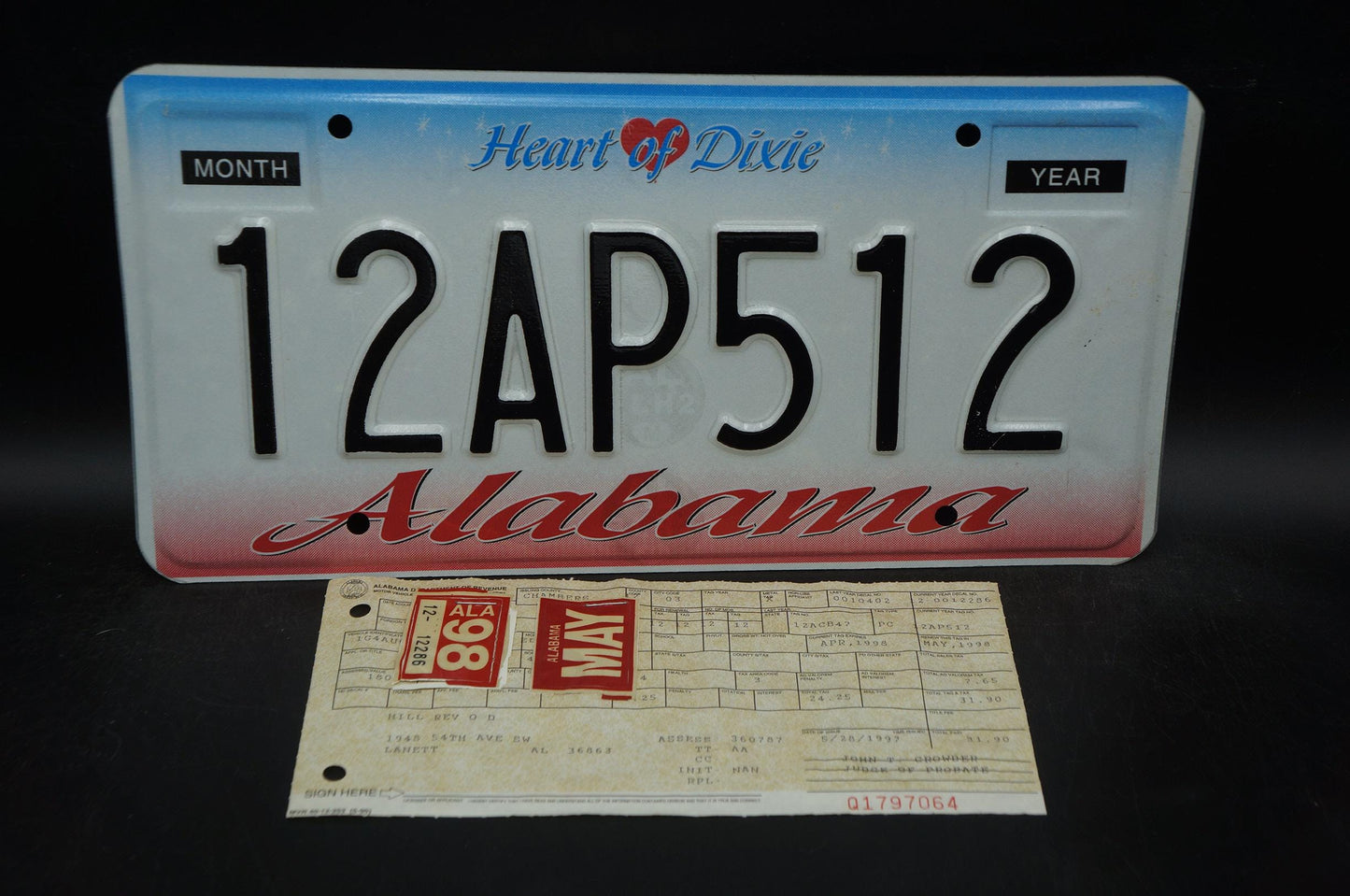 1998 Alabama HEART OF DIXIE License Plate with Original Registration