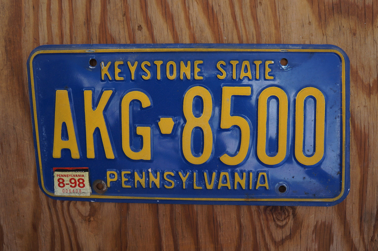 1998 Pennsylvania KEYSTONE STATE Blue License Plate # AKG - 8500