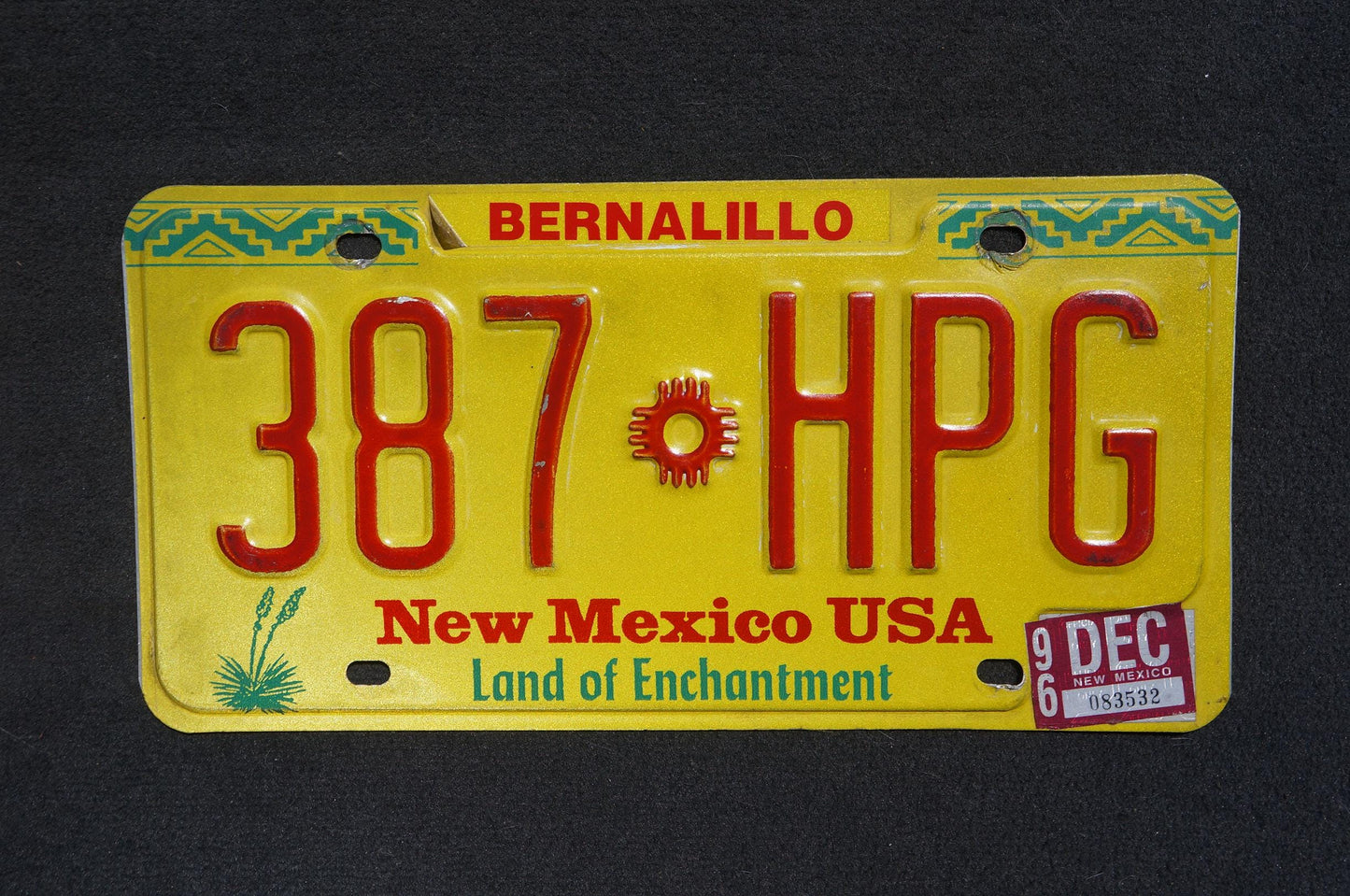 1996 New Mexico Yellow License Plate # 387 HPG