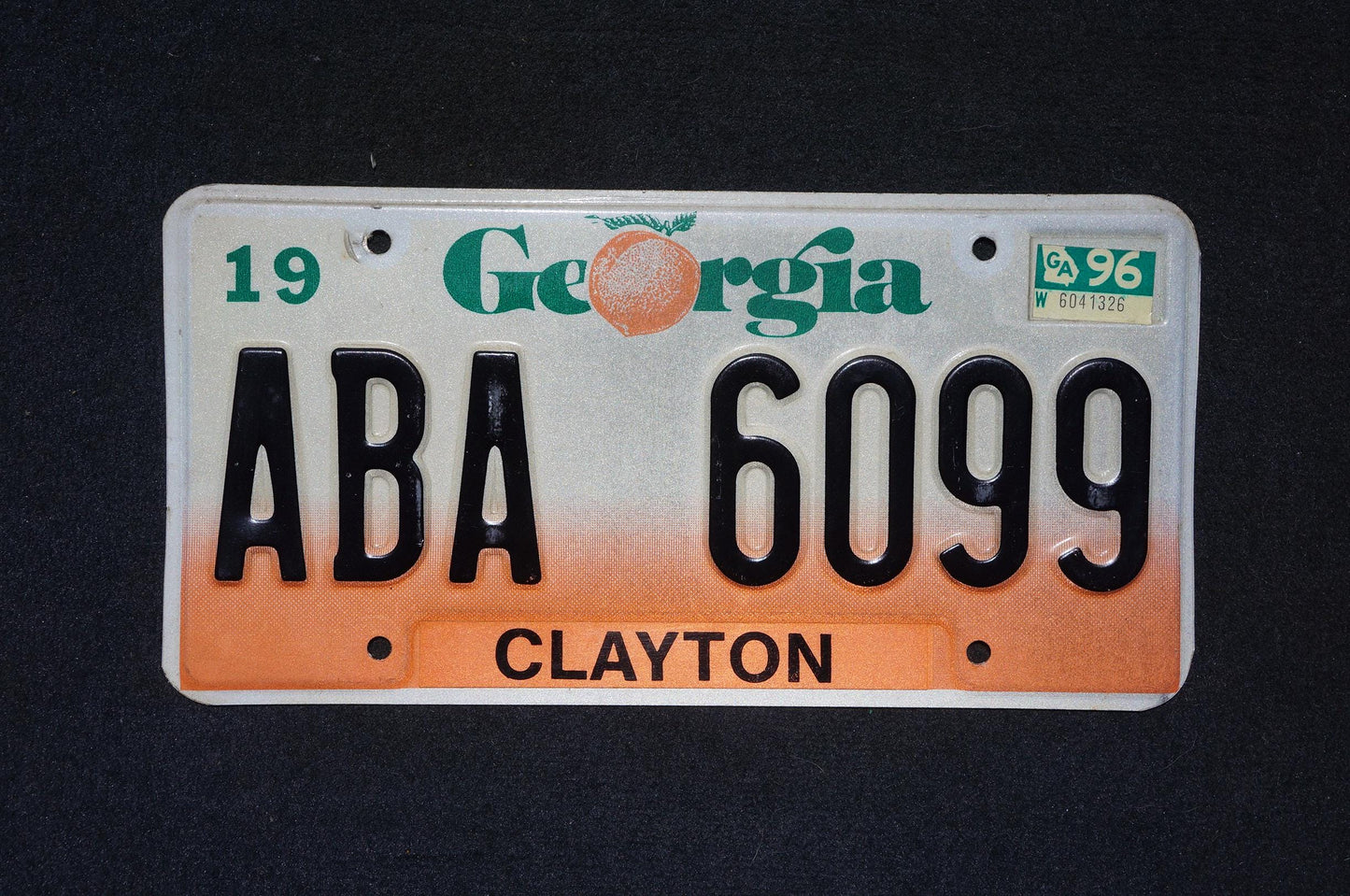 1996 Georgia Peach License Plate CLAYTON County # ABA 6099
