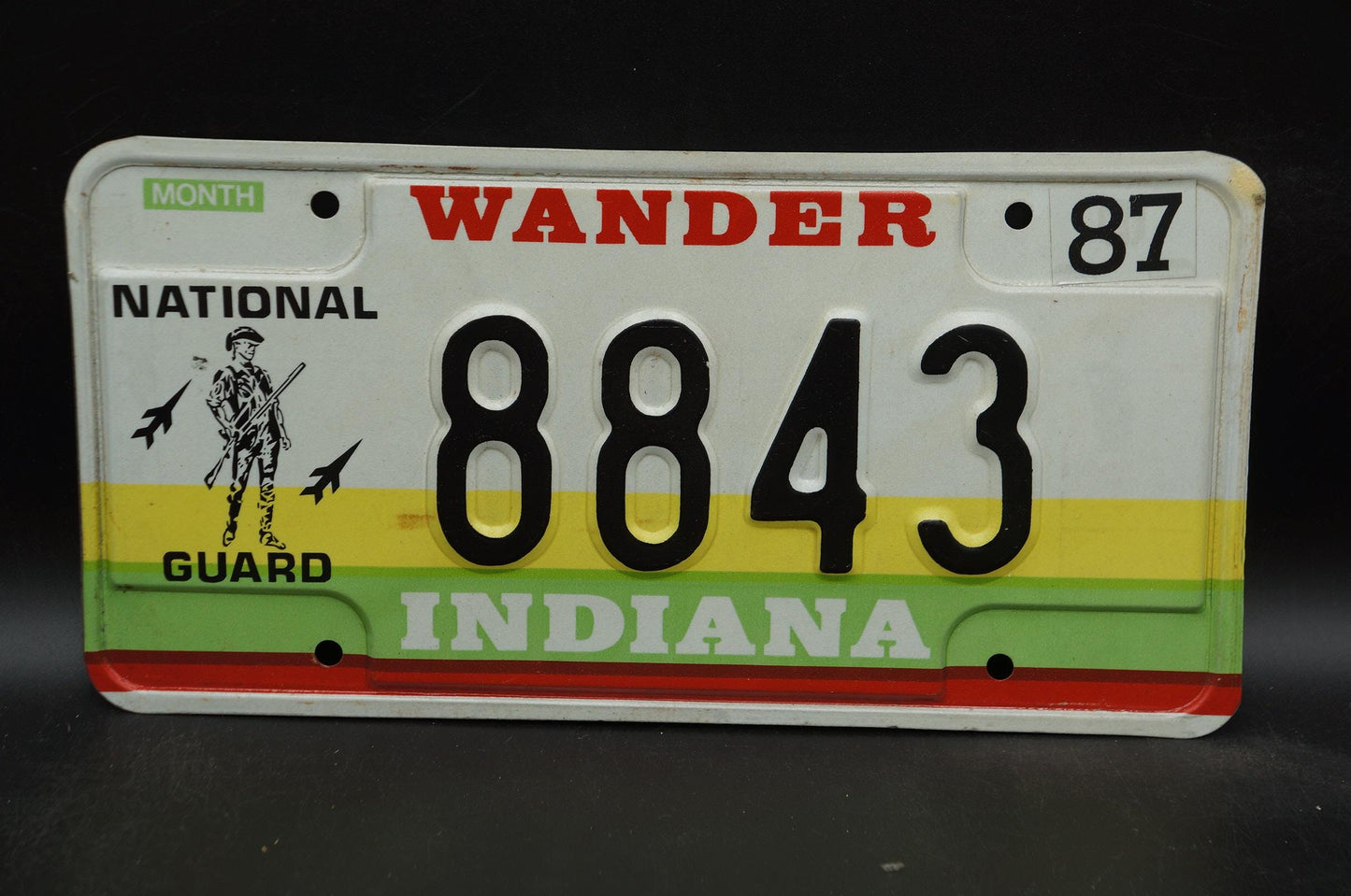 1987 Indiana NATIONAL GUARD License Plate Wander Yellow Green Red Stripes
