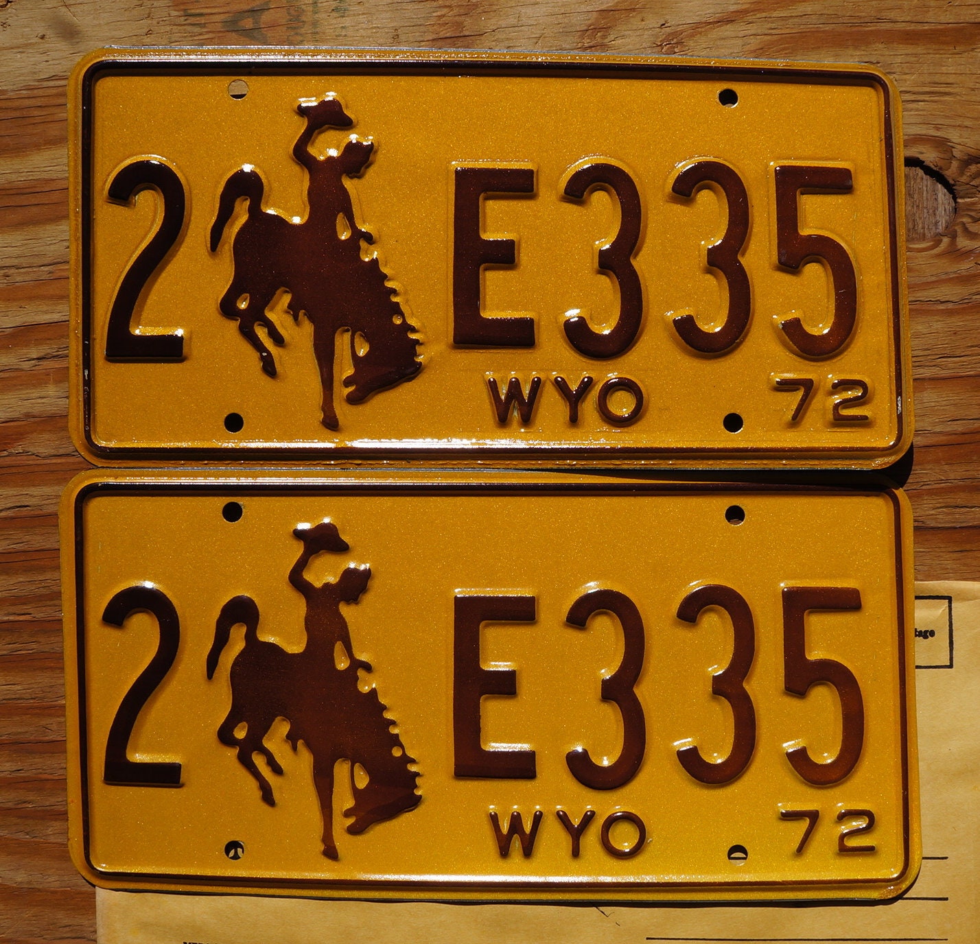 1972 Wyoming Cowboy Horse License Plate Pair - Brown & Yellow