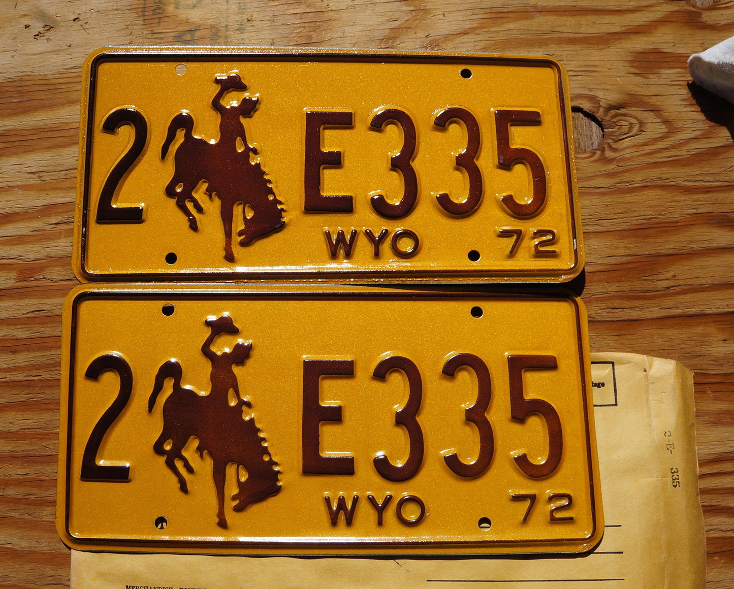 1972 Wyoming Cowboy Horse License Plate Pair - Brown & Yellow