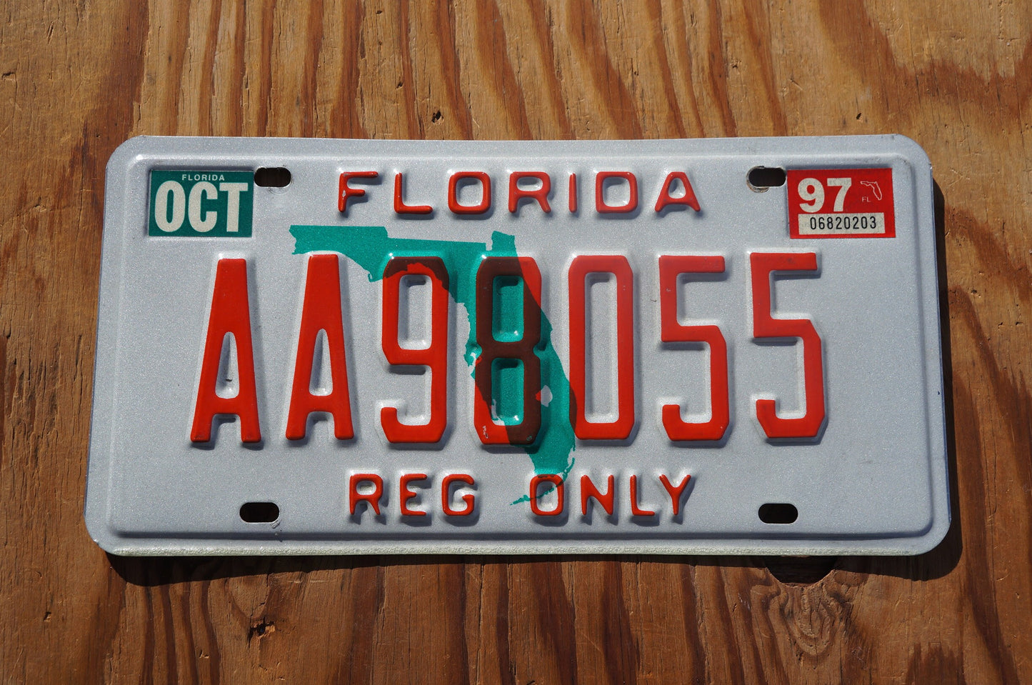 1997 Florida State Shape Vintage License Plate - REG ONLY # AA 98055