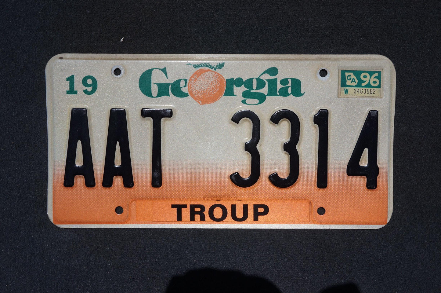 1996 Georgia Peach License Plate TROUP County # AAT 3314