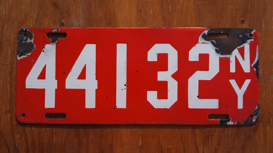 1912 NEW YORK Porcelain Red License Plate # 44132 Orignial