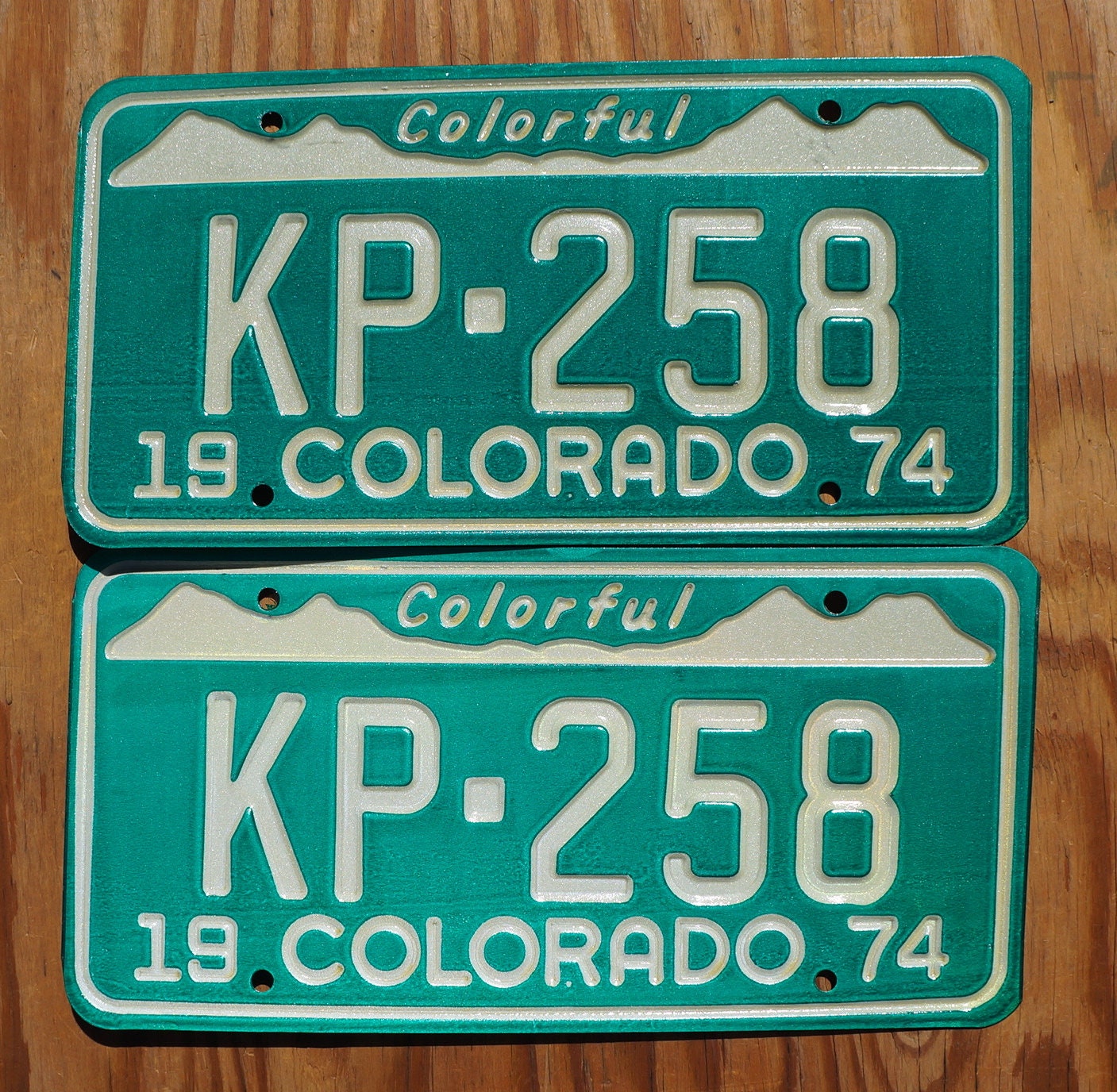 1974 Colorado License Plate PAIR: Green Snow Mountains