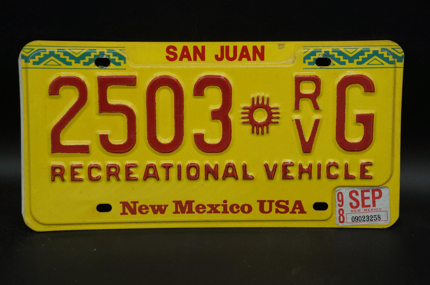 1998 New Mexico Recreational Vehicle RV Yellow License Plate