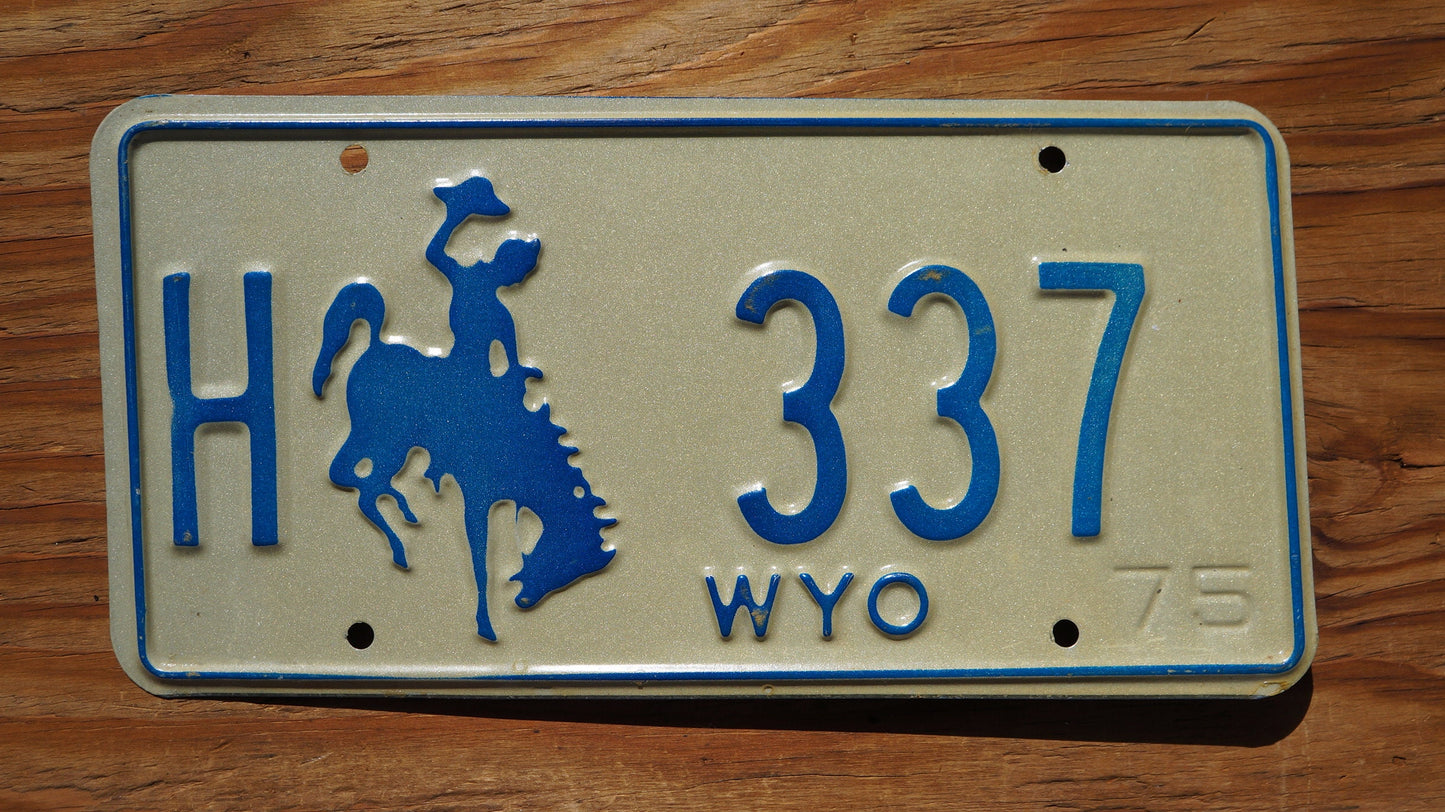 1975 Wyoming HIGHWAY DEPARTMENT Blue Rodeo Cowboy Horse License Plate # 337