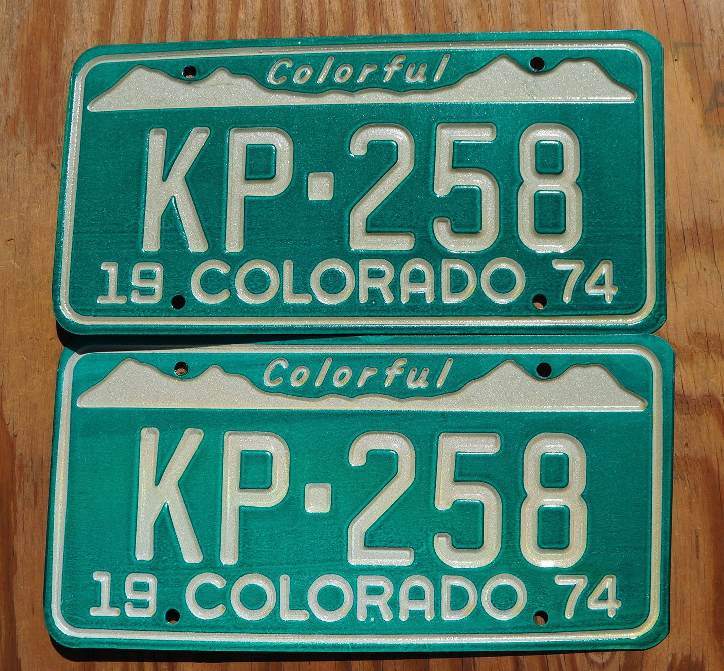 1974 Colorado License Plate PAIR: Green Snow Mountains