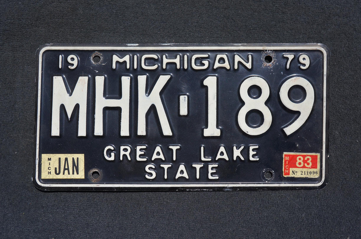 1979 1983 Michigan Black License Plate - Great Lake State # MHK -189