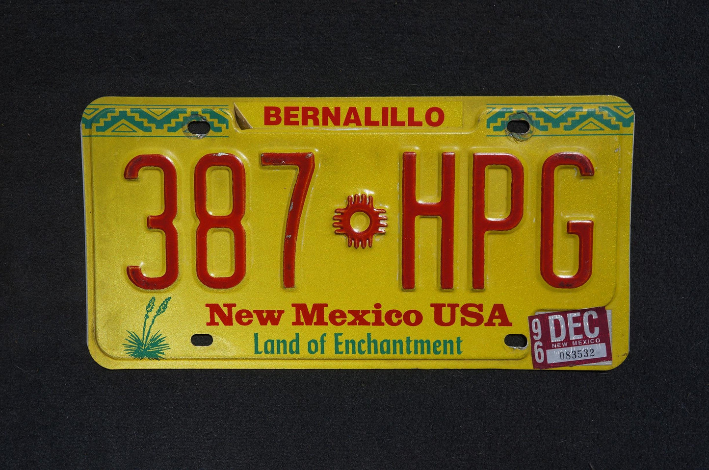 1996 New Mexico Yellow License Plate # 387 HPG