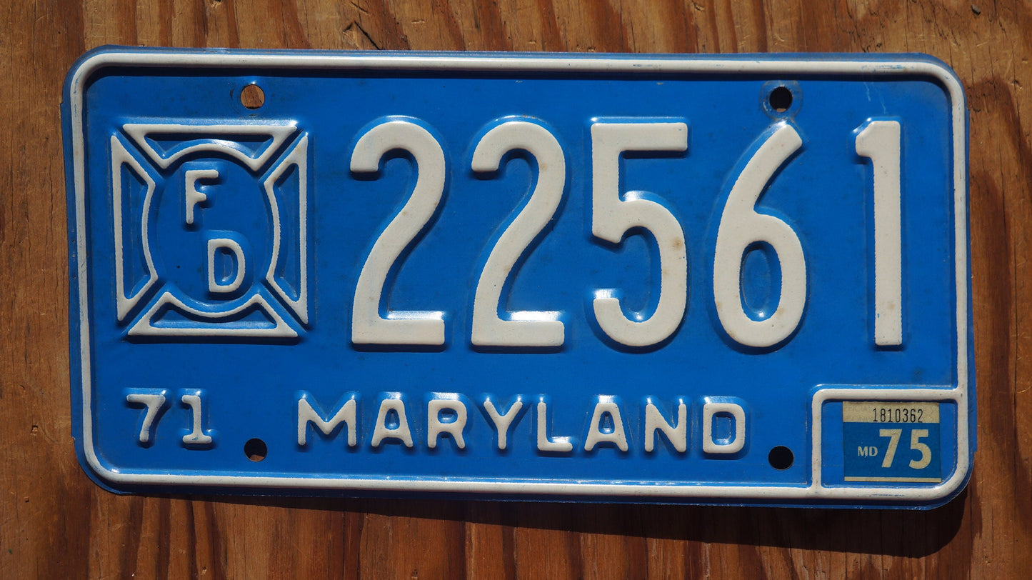 1971 to 1975 Maryland Firefighter Fire Department Blue License Plate # 22561