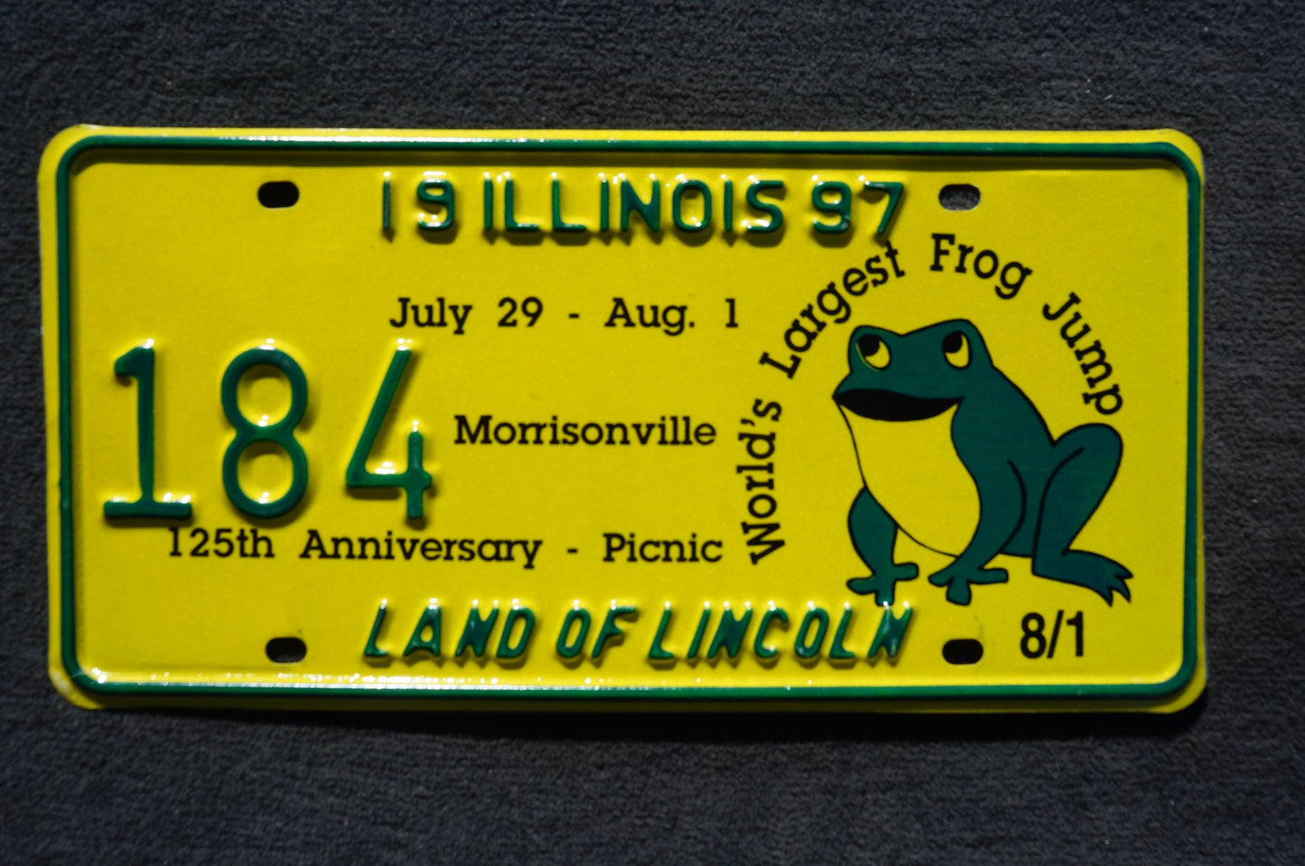 1997 Illinois Morrisonville World's largest frog jump 125th Anniversary Picnic License Plate # 184