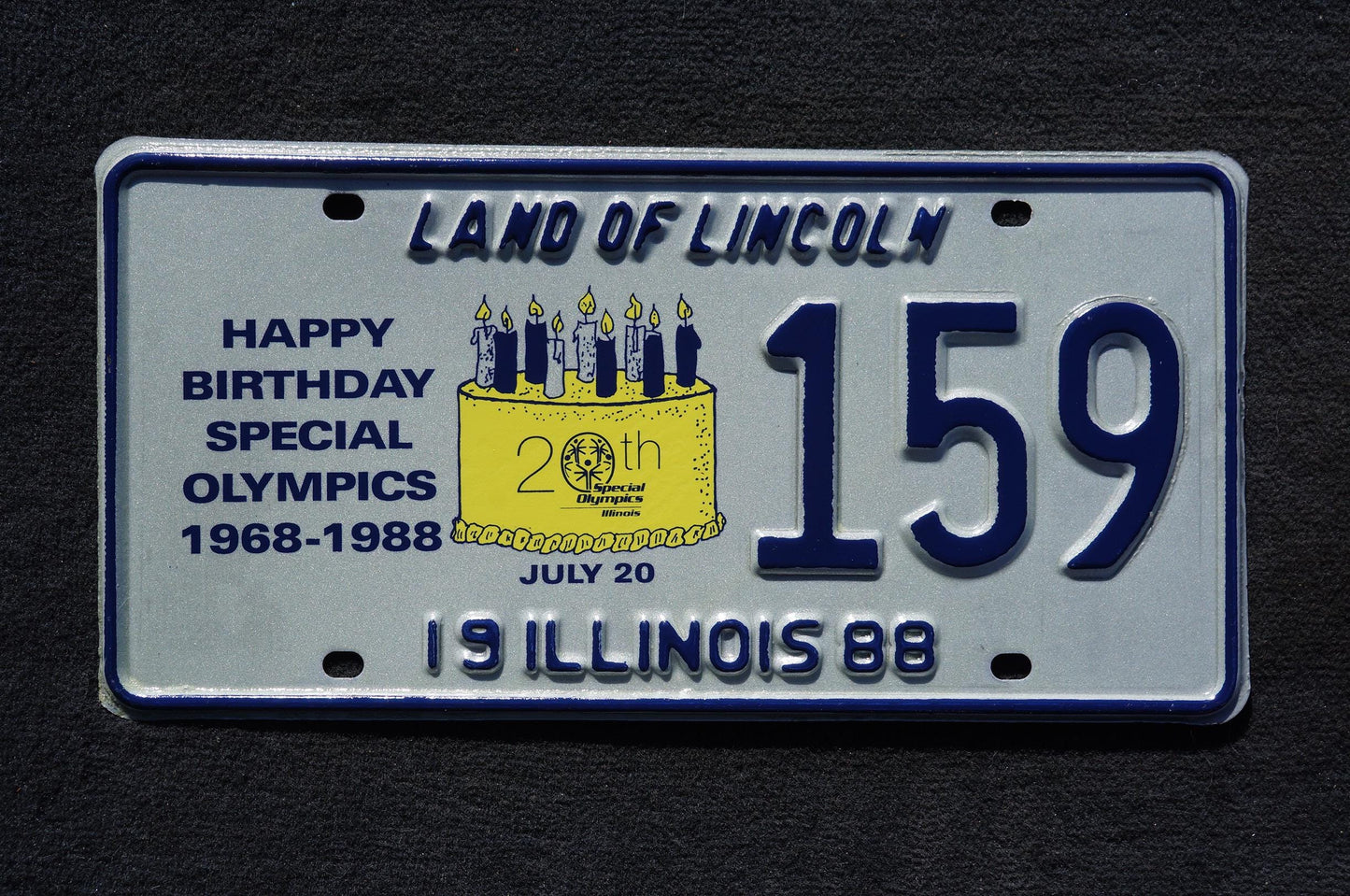 1988 Illinois 20th Special Olympics Happy Birthday License Plate # 159
