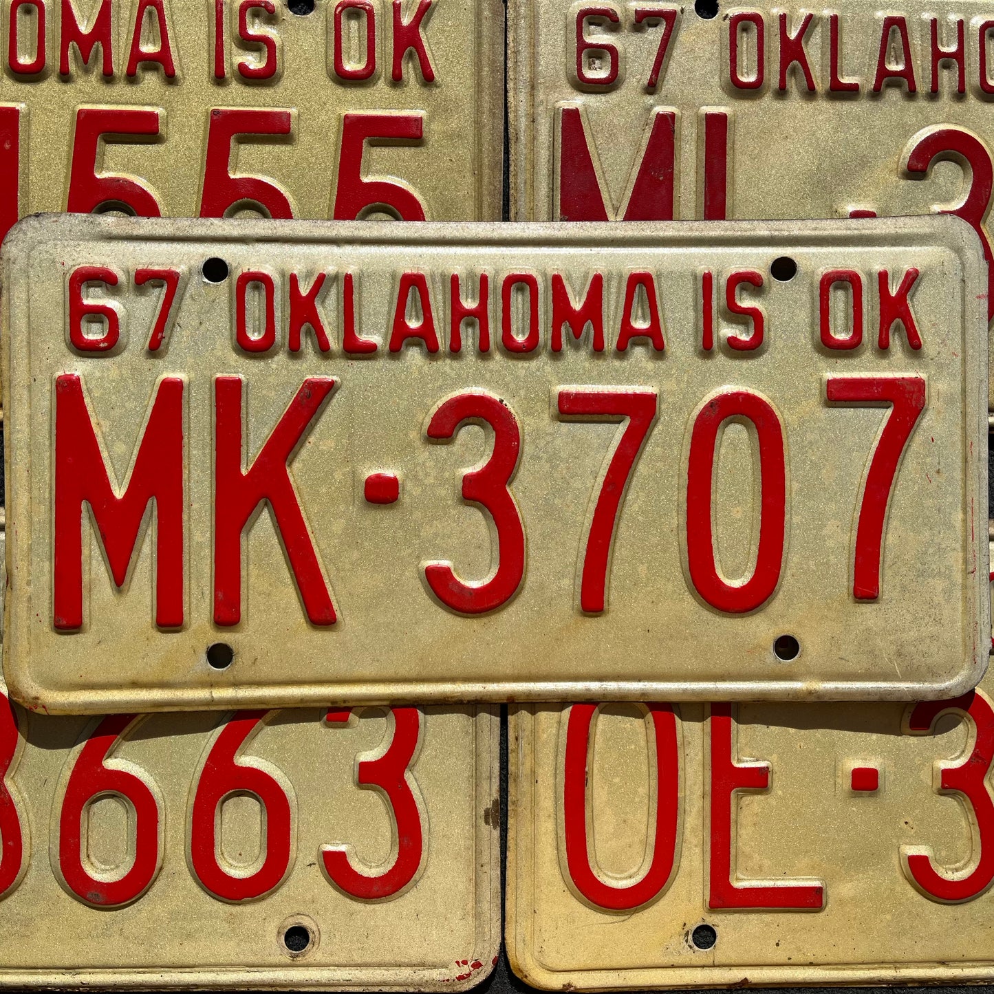 1967 OKLAHOMA IS OK Vintage Embossed License Plate Tags RED Letters