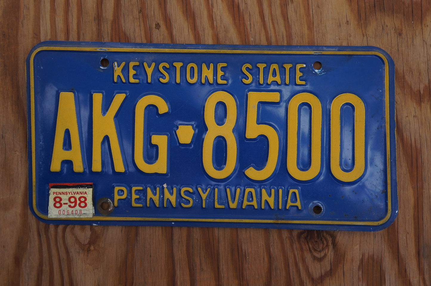 1998 Pennsylvania KEYSTONE STATE Blue License Plate # AKG - 8500
