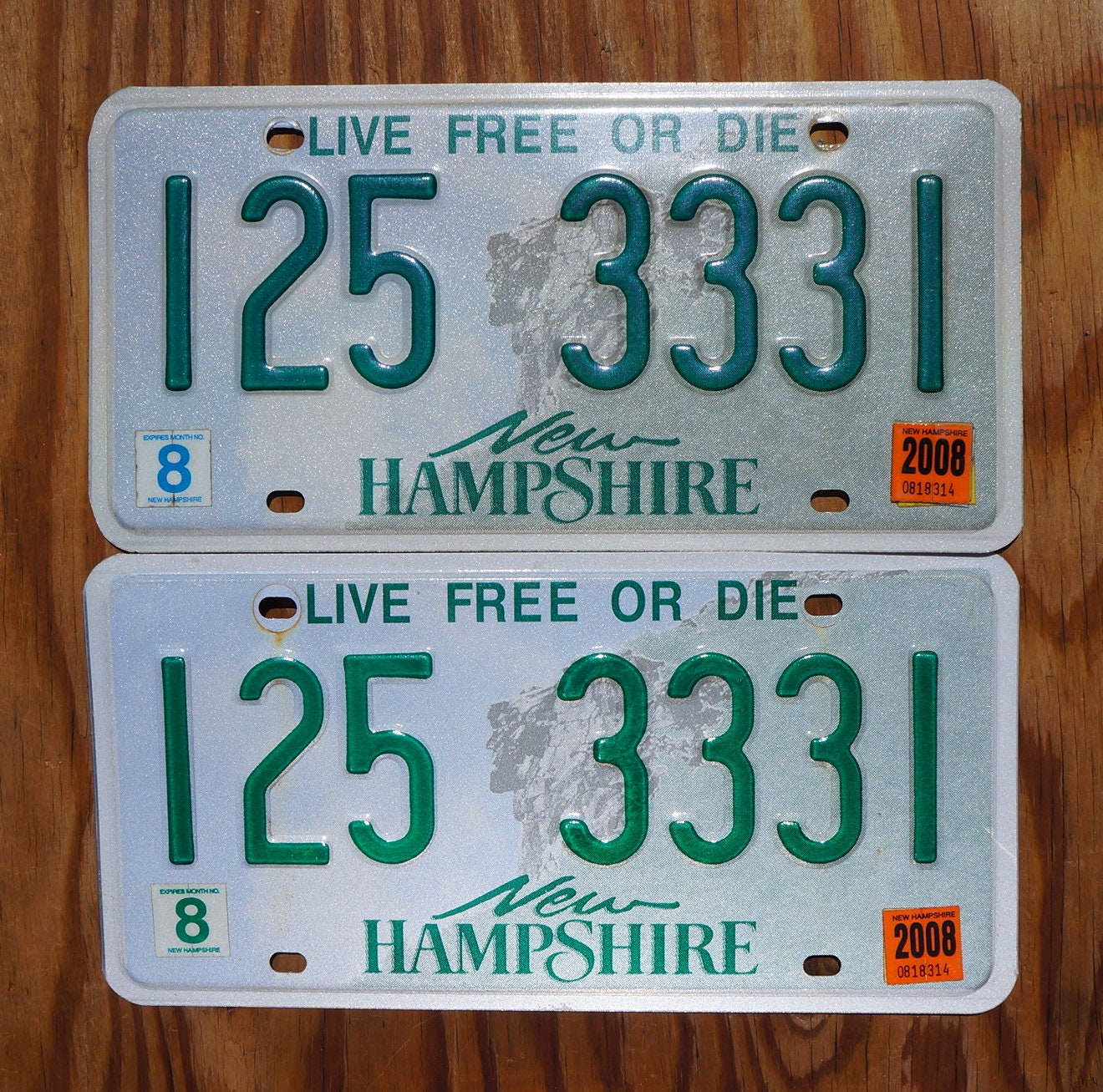 2008 New Hampshire license plate SET / PAIR # 125 3331