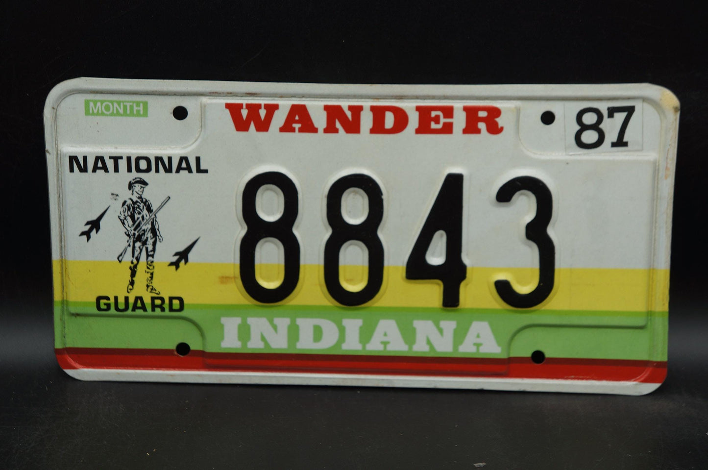 1987 Indiana NATIONAL GUARD License Plate Wander Yellow Green Red Stripes