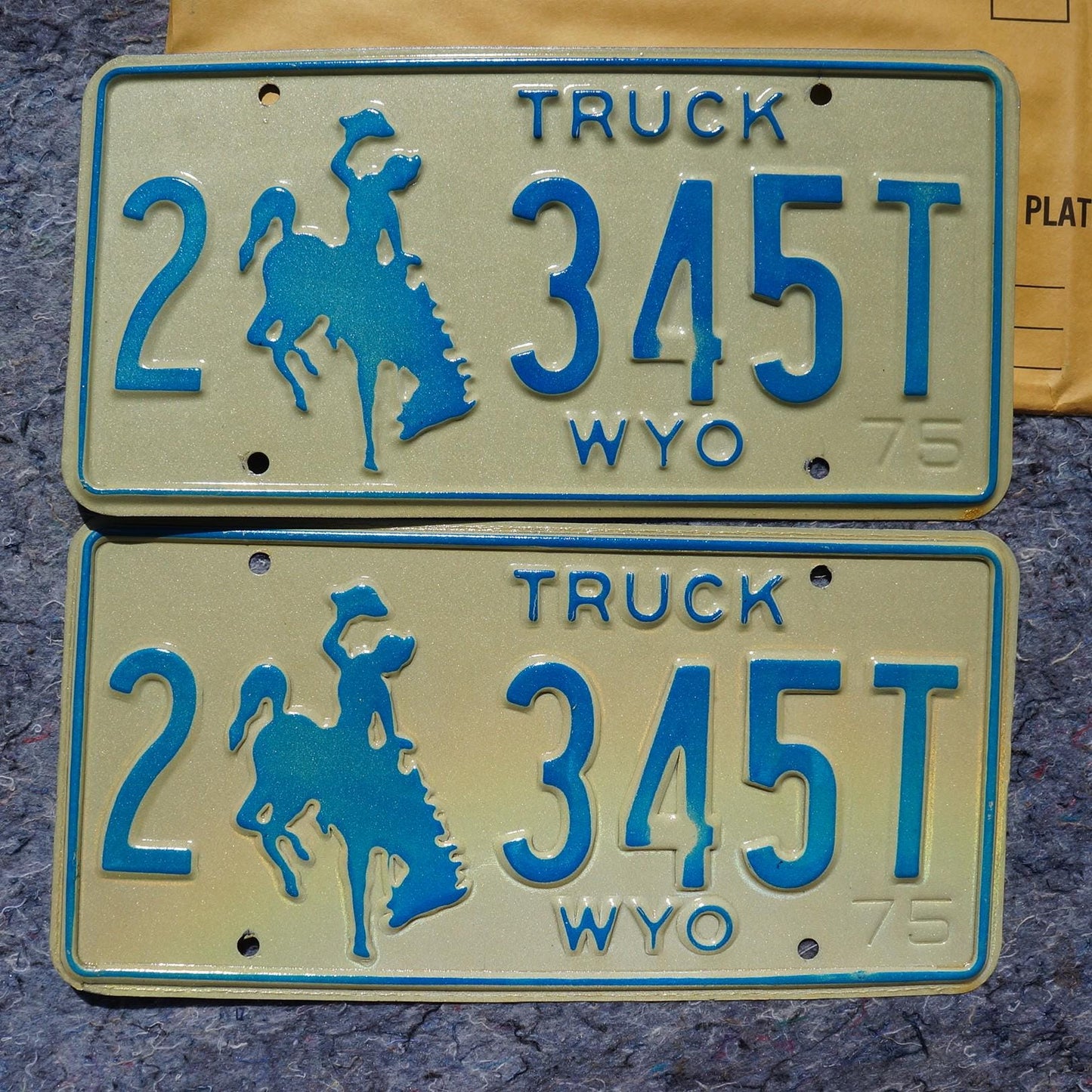 1975 Wyoming Truck Cowboy Horse Blue License Plate PAIR / SET # 2 - 345 T