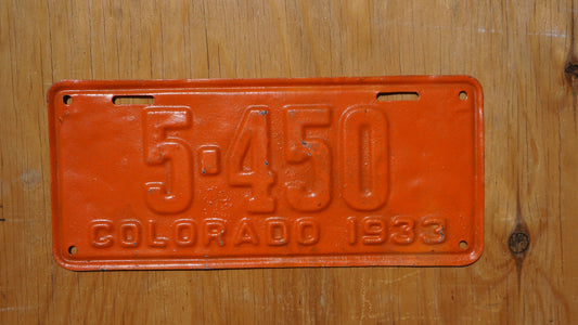 1933 Colorado Orange License Plate LOW # 5 - 450
