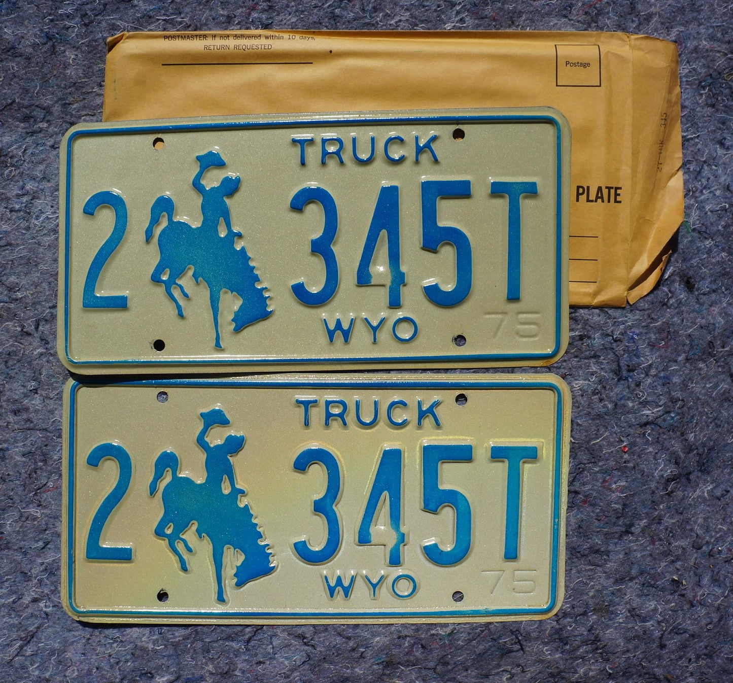 1975 Wyoming Truck Cowboy Horse Blue License Plate PAIR / SET # 2 - 345 T