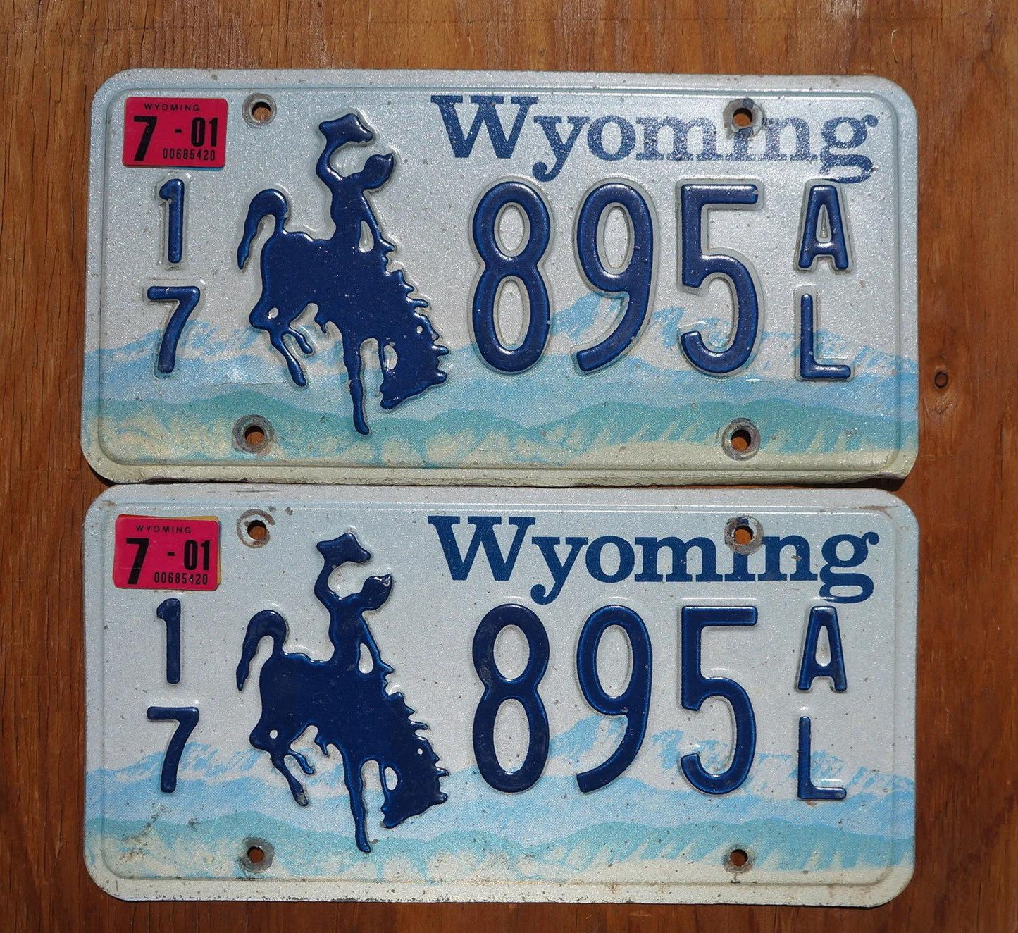 2001 Blue Wyoming Cowboy Horse License Plate Pair / Set