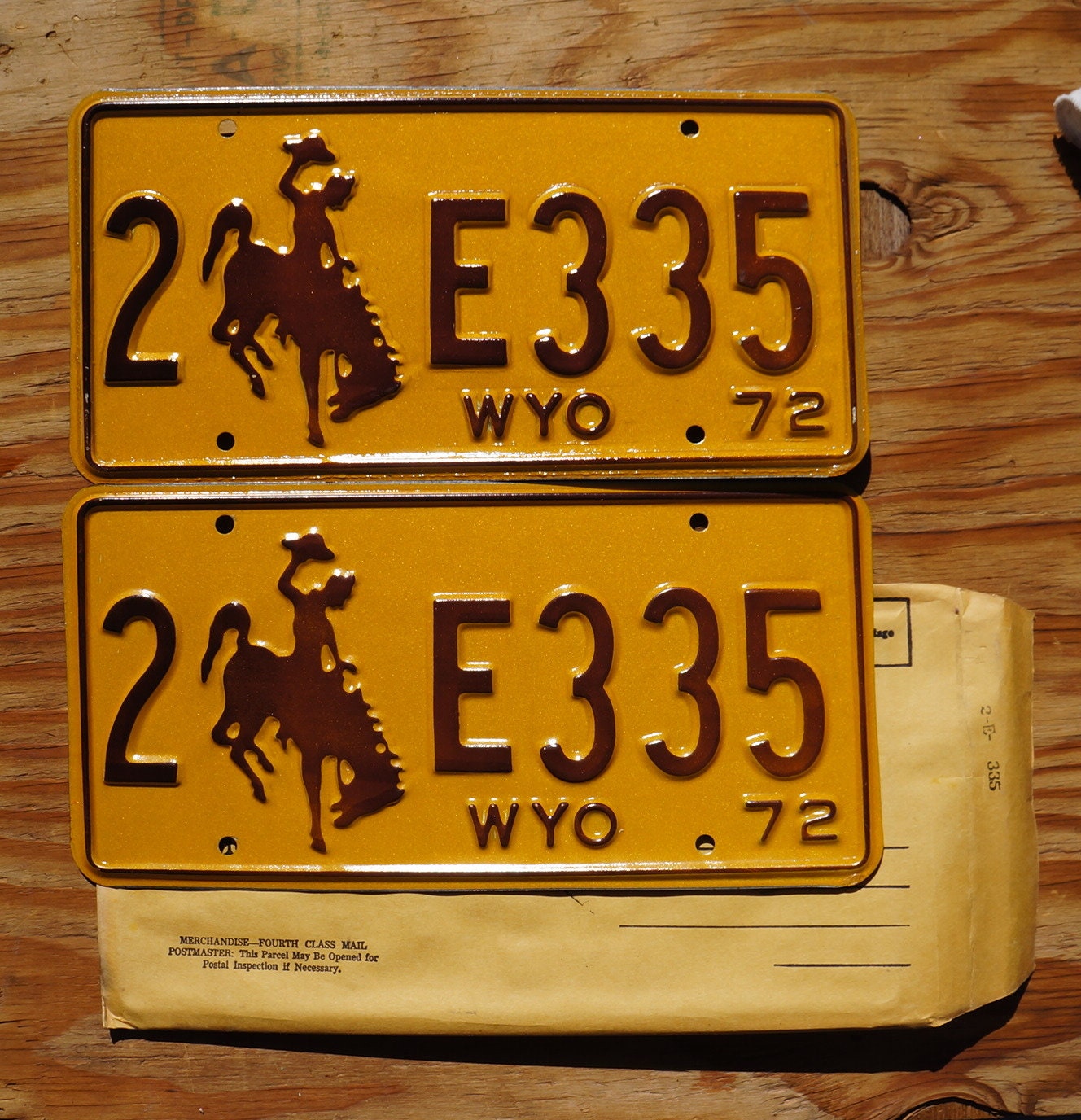 1972 Wyoming Cowboy Horse License Plate Pair - Brown & Yellow