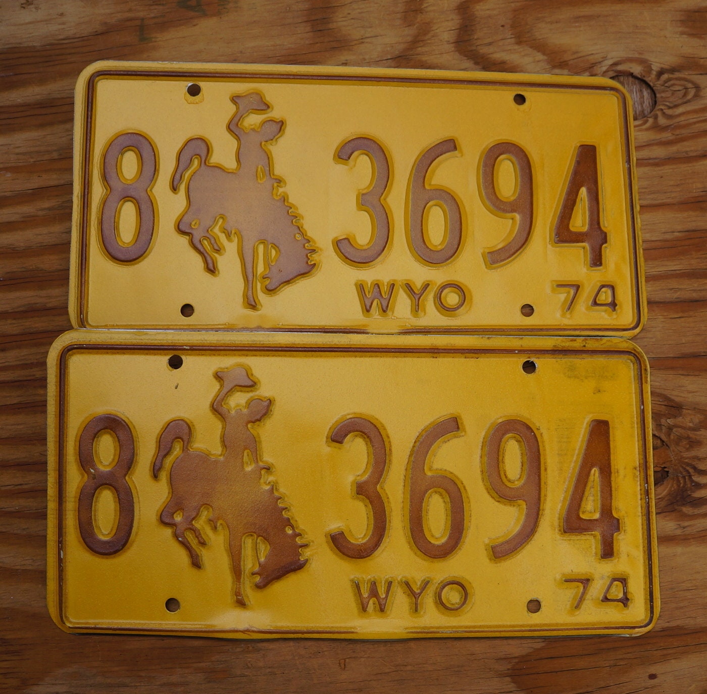 1974 Wyoming Cowboy Horse License Plate Pair - Unused Original